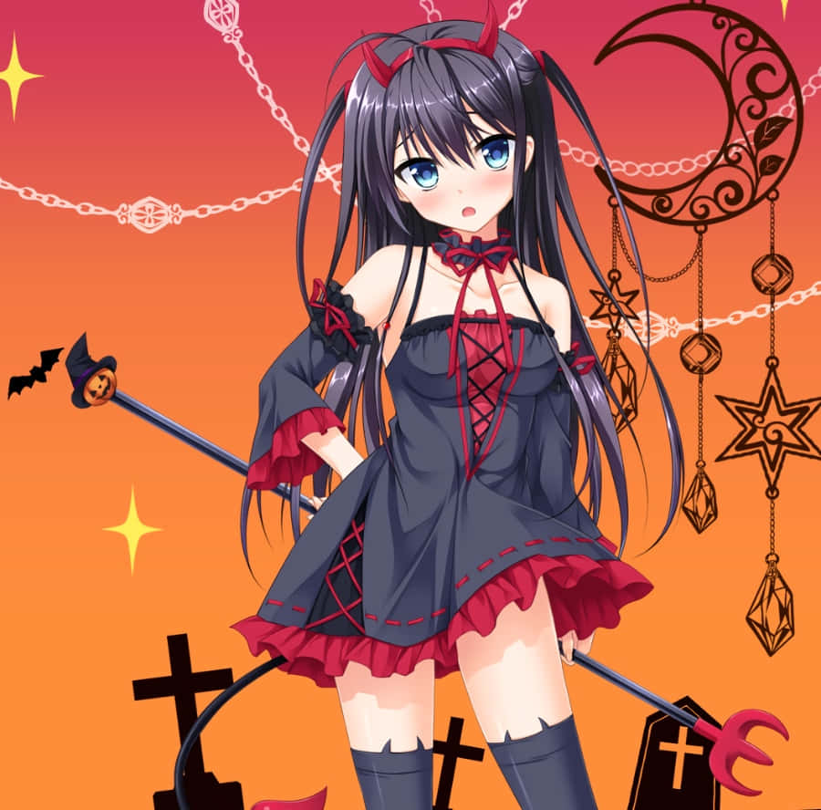 Halloween Anime Girl, black hair, red horns, SD Desktop Wallpaper