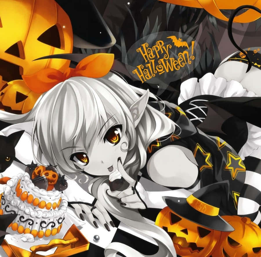 Halloween Anime Girl, silver hair, orange eyes, SD Desktop Wallpaper