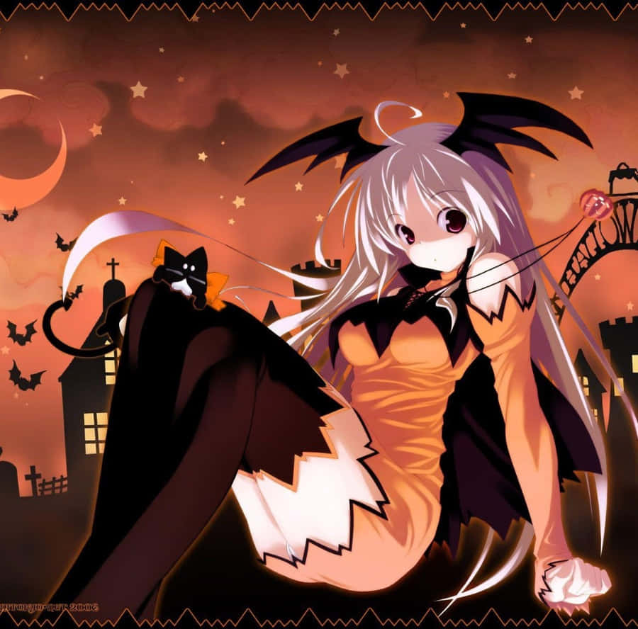 Halloween Anime Girl, silver-haired, bat wings, SD Desktop Wallpaper