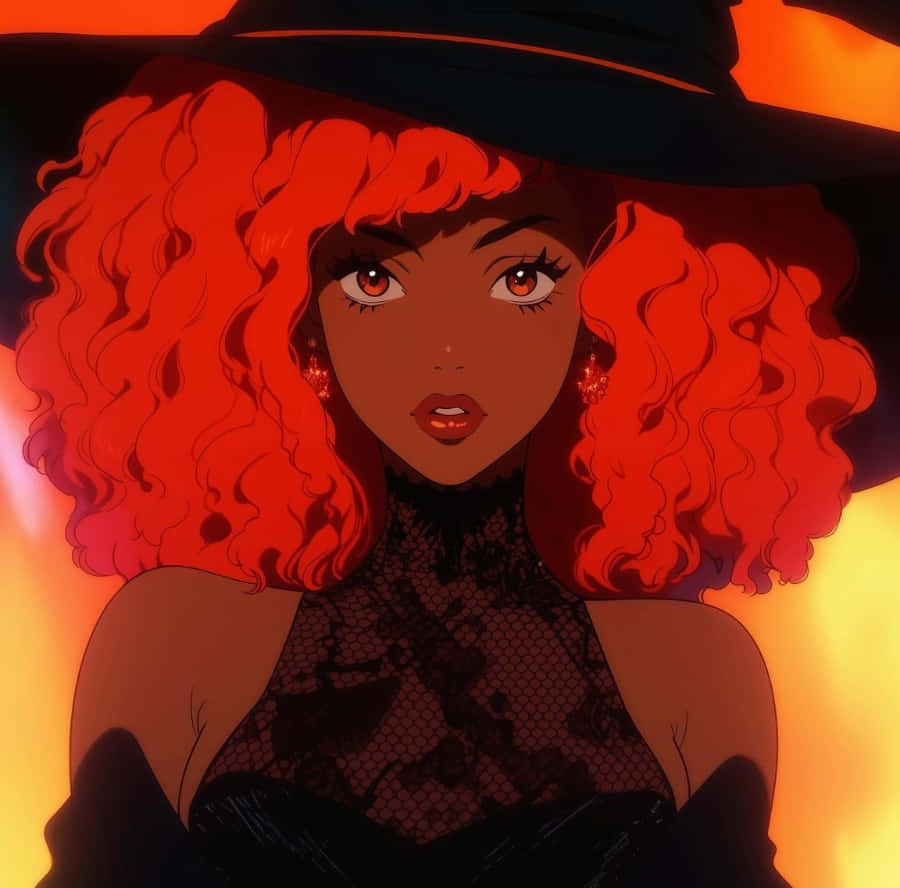 Halloween Anime Girl, fiery red curls, glowing amber eyes, SD Desktop Wallpaper