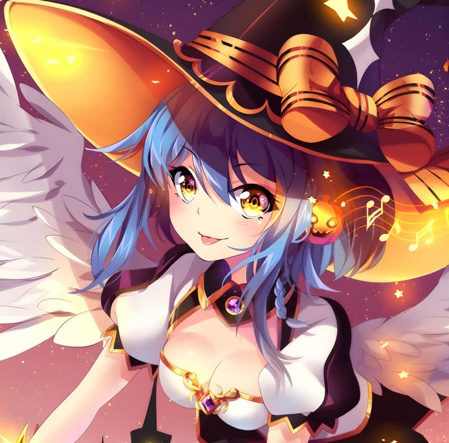 Halloween Anime Girl, blue hair, white wings, SD Desktop Wallpaper