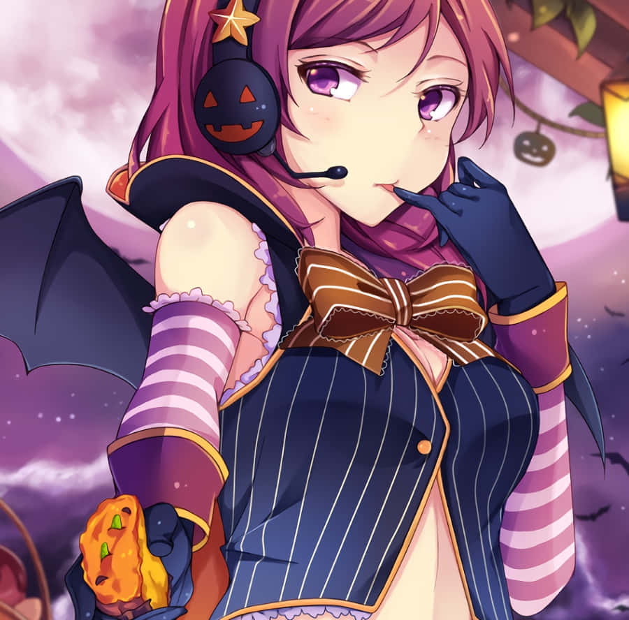 Halloween Anime Girl, purple-haired, bat wings, SD Desktop Wallpaper