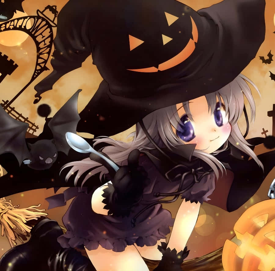Halloween Anime Girl, silver hair, purple eyes, SD Desktop Wallpaper