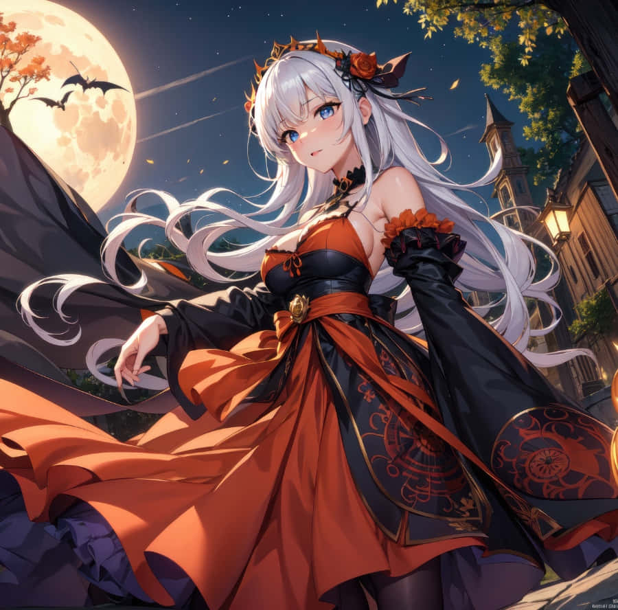 Halloween Anime Girl, silver-haired, orange and black gothic dress, SD Desktop Wallpaper
