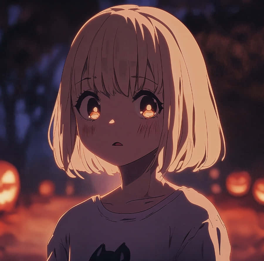 Halloween Anime Girl, short blonde hair, glowing amber eyes, SD Desktop Wallpaper