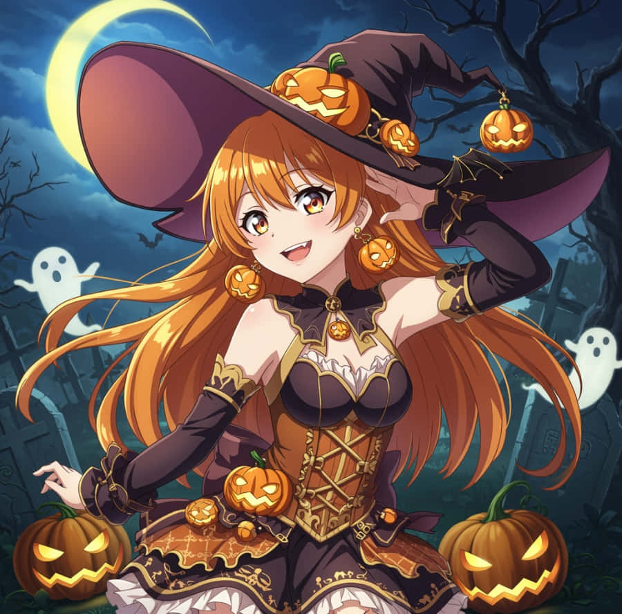 Halloween Anime Girl, orange hair, pumpkin-themed hat, SD Desktop Wallpaper
