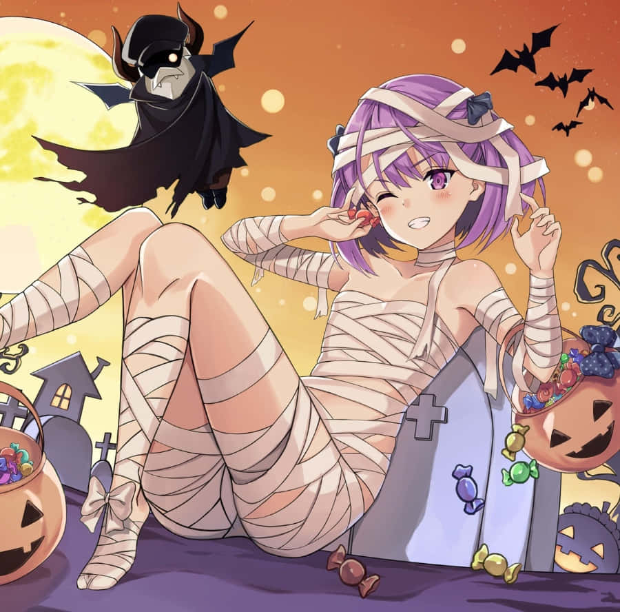 Halloween Anime Girl, bandages, tombstone, SD Desktop Wallpaper