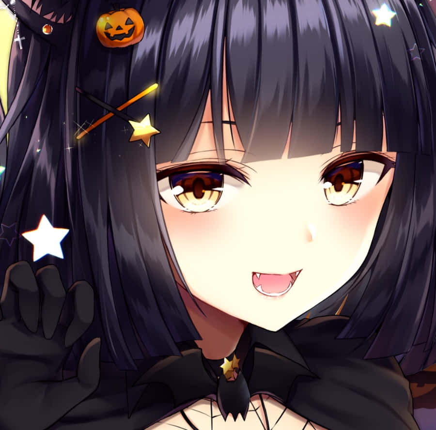 Halloween Anime Girl, witch costume, stars, SD Desktop Wallpaper