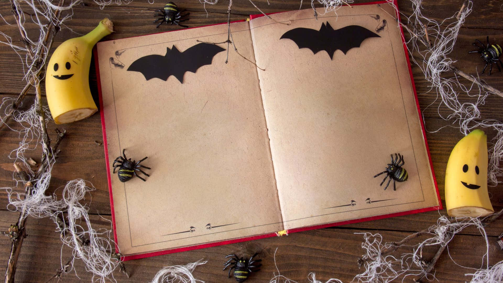 Halloween Books, bat cutouts, smiling banana halves, Full HD Desktop Wallpaper
