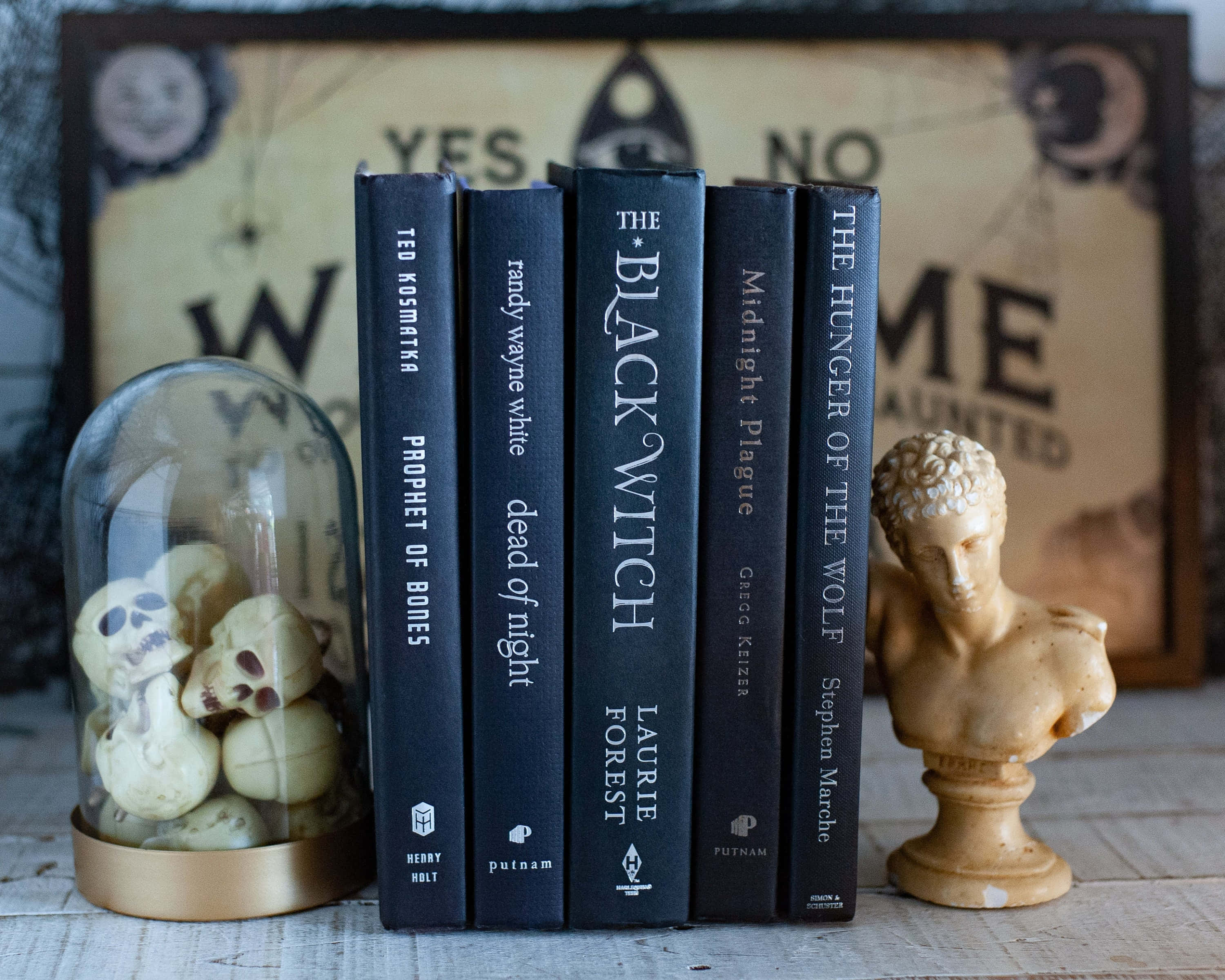 Halloween Books, glass dome, skulls, 2K Desktop Wallpaper