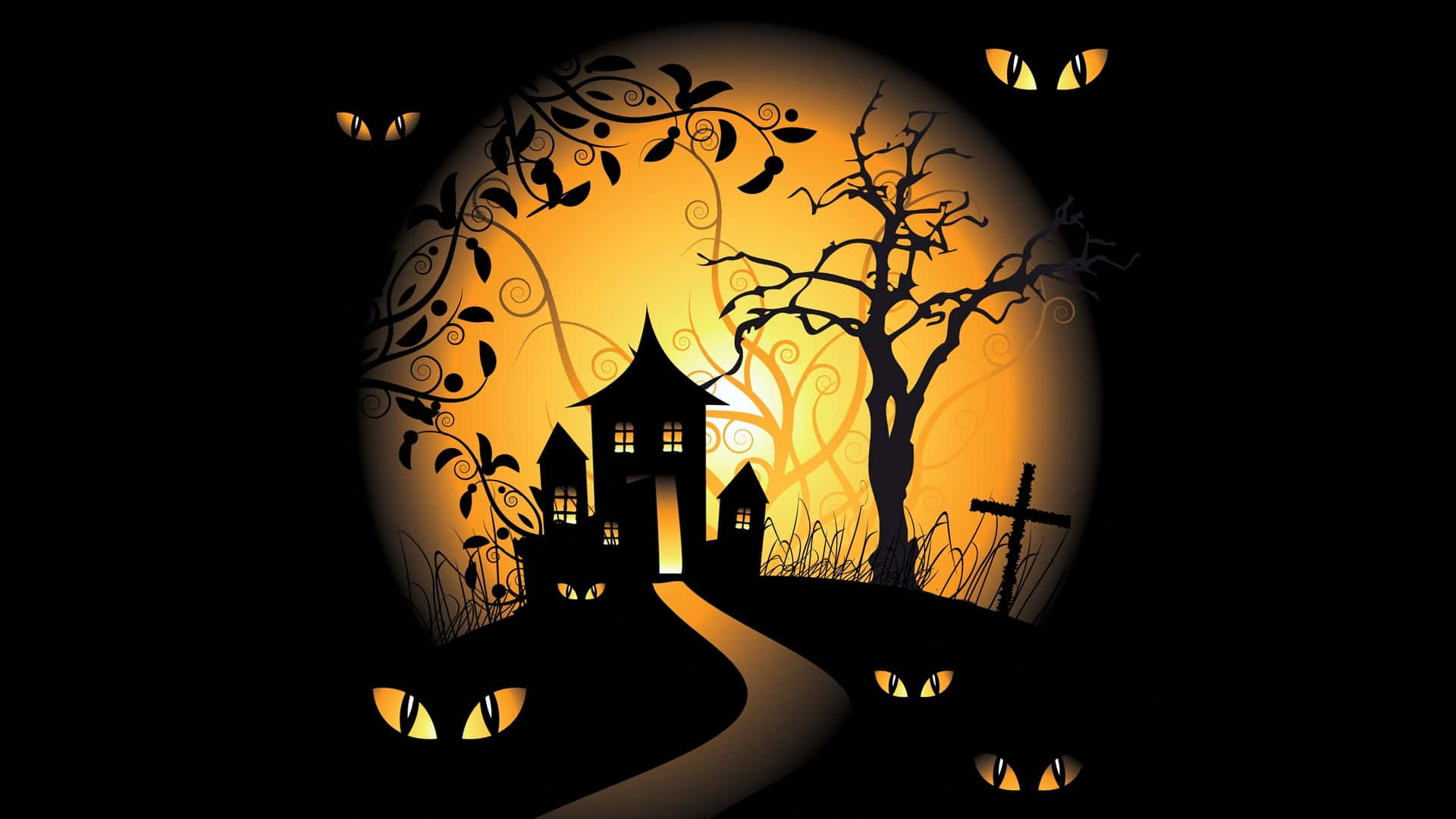 Halloween, haunted house, bare tree, Full HD Desktop Wallpaper