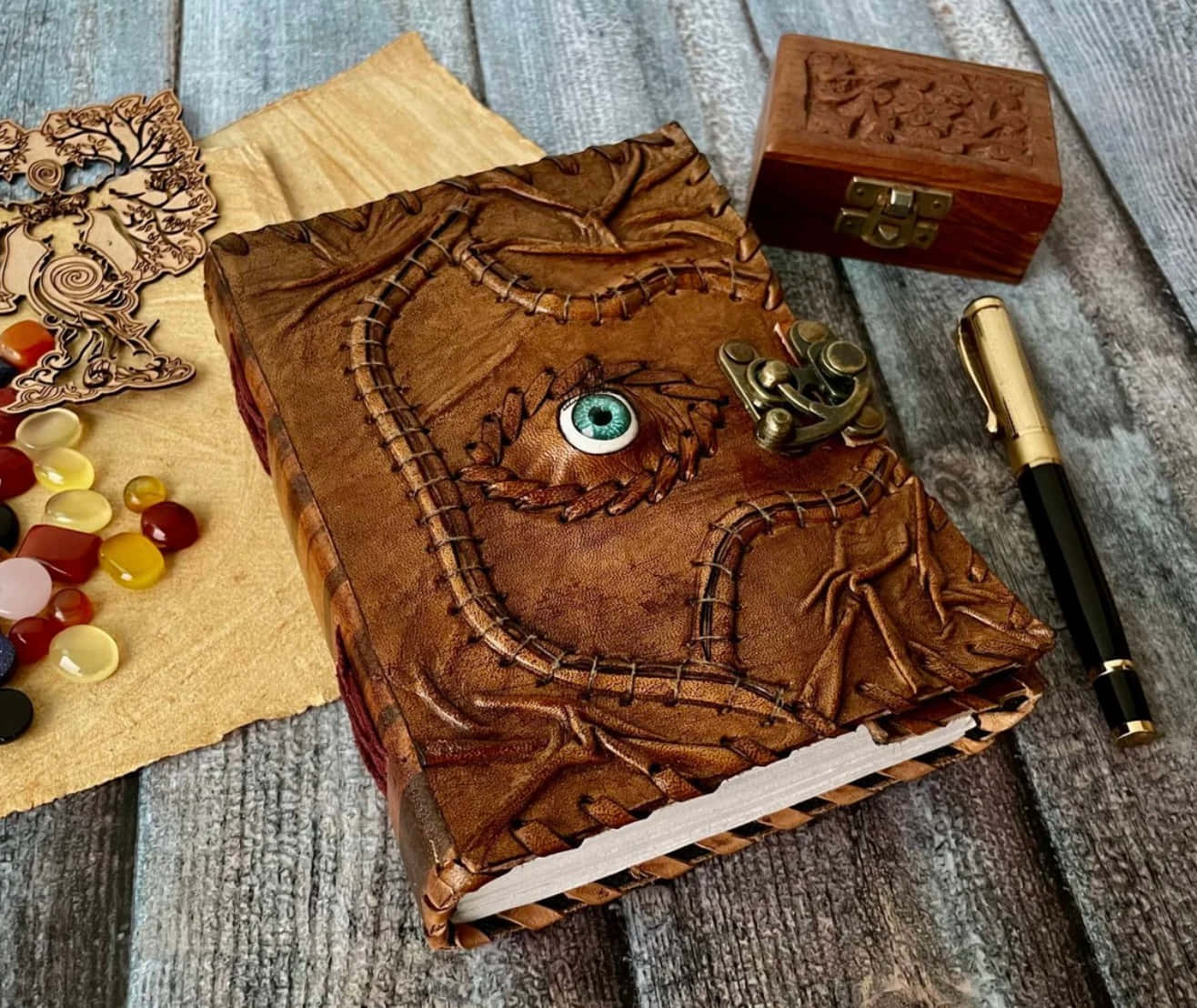 Halloween Books, leather-bound journal, eye motif, HD Desktop Wallpaper