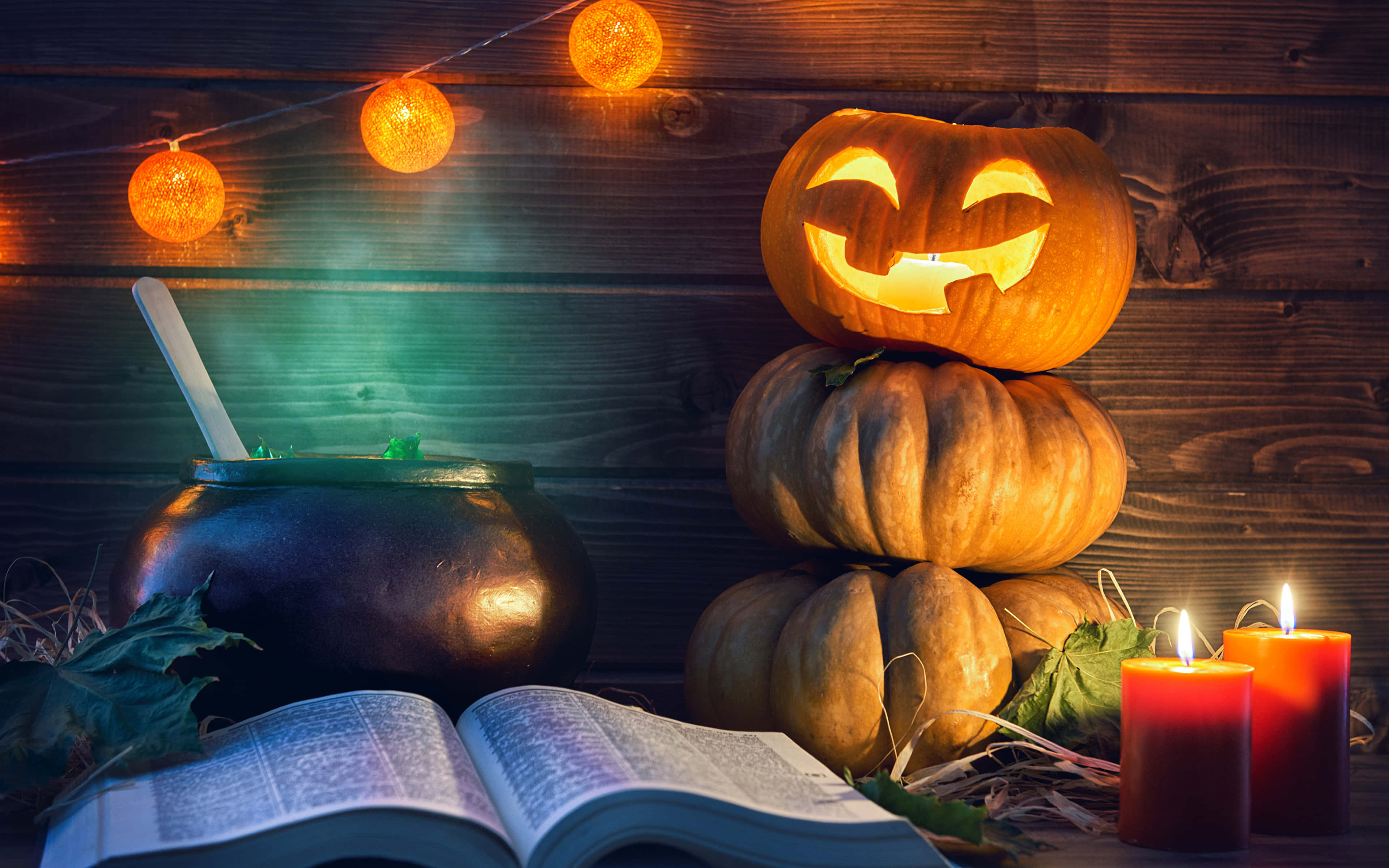 Halloween Books, jack-o'-lantern, pumpkins, 4K Desktop Wallpaper