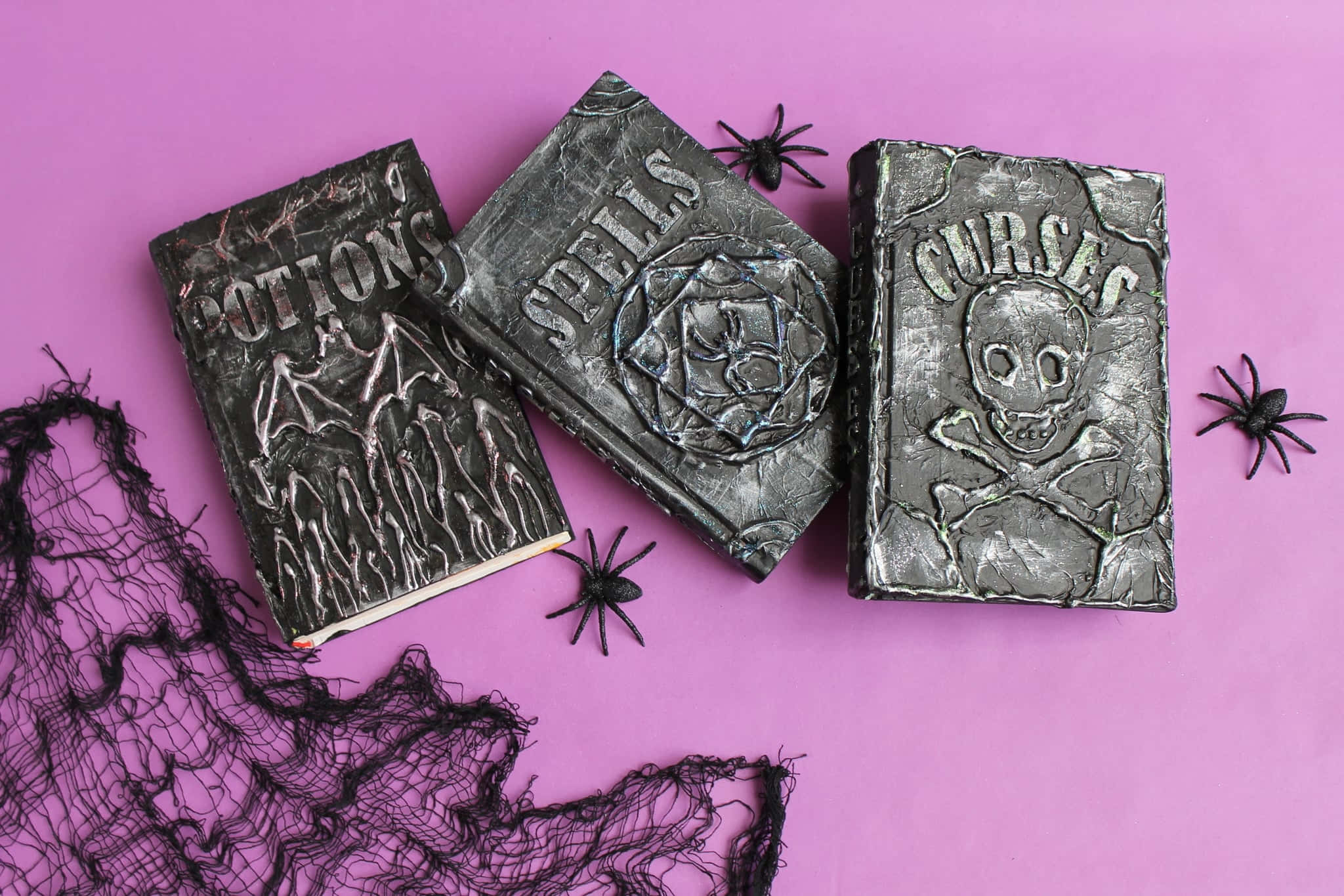 Halloween Books, Potions Spells Curses, vibrant pink surface, Full HD Desktop Wallpaper