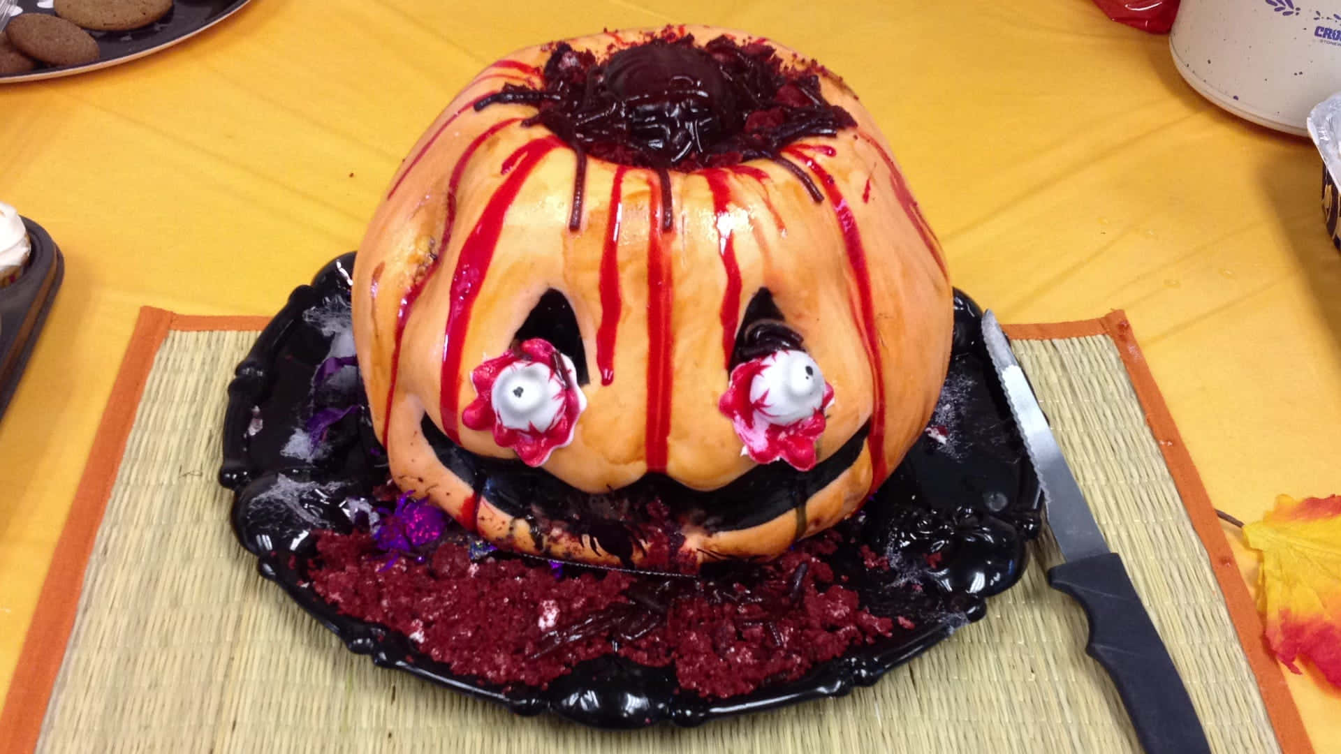 Halloween Cake, pumpkin, red icing drips, Full HD Desktop Wallpaper