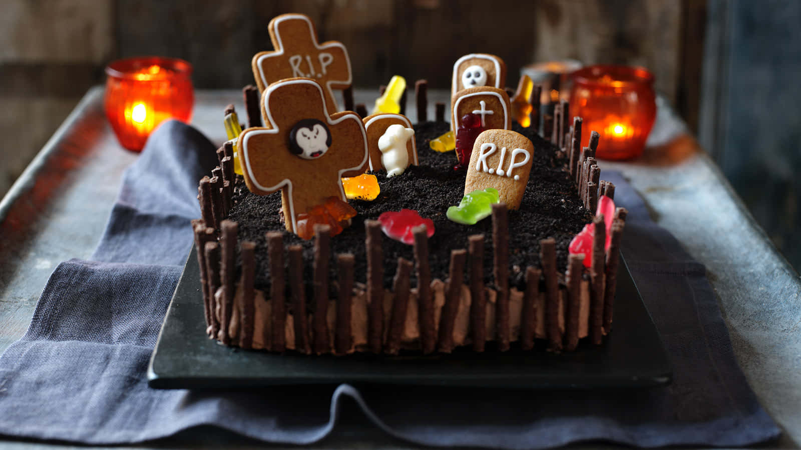 Halloween Cake, graveyard, gingerbread tombstones, HD Desktop Wallpaper