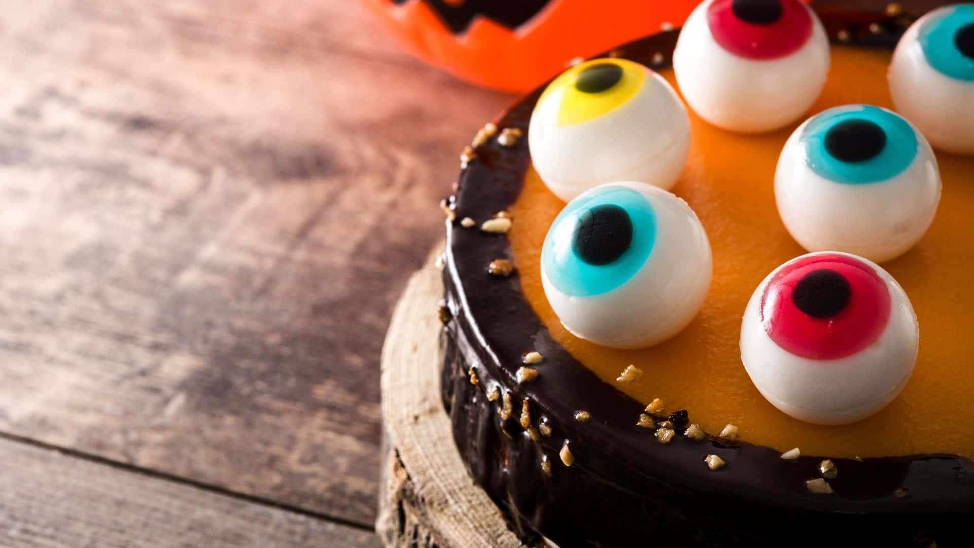 Halloween Cake, colorful candy eyeballs, chocolate ganache, Full HD Desktop Wallpaper