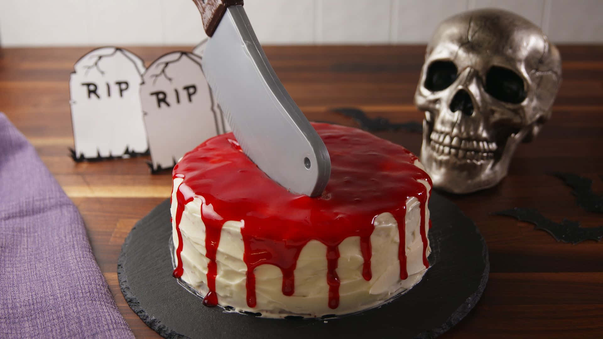 Halloween Cake, red icing drips, large knife, Full HD Desktop Wallpaper