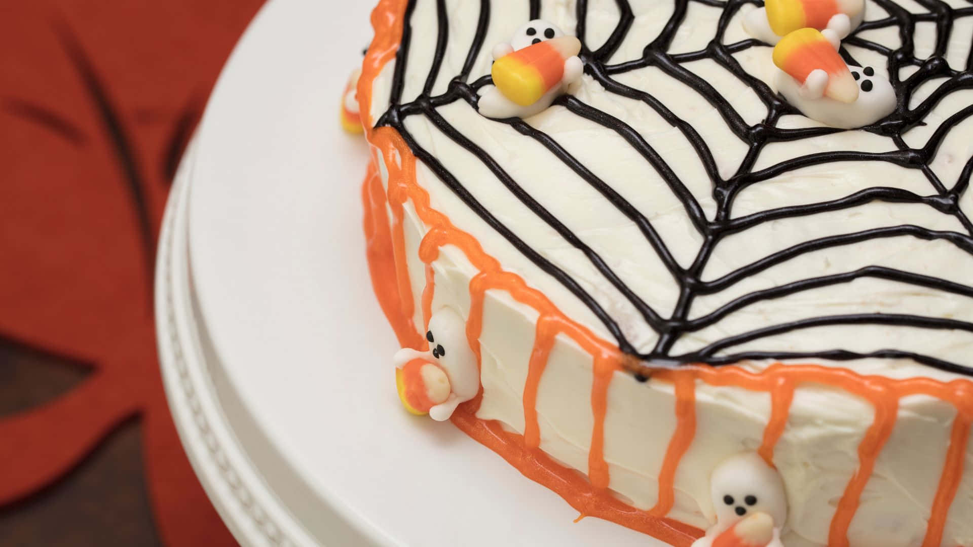 Halloween Cake, black spiderweb icing, candy corn ghosts, Full HD Desktop Wallpaper