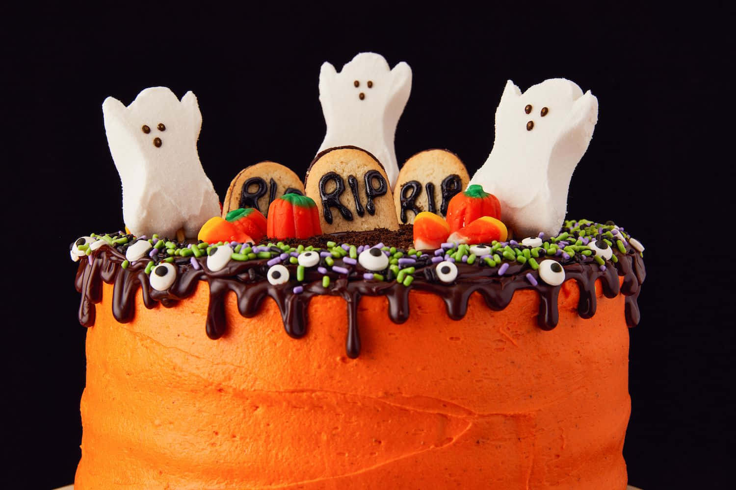 Halloween Cake, vibrant orange, ghost marshmallows, HD Desktop Wallpaper
