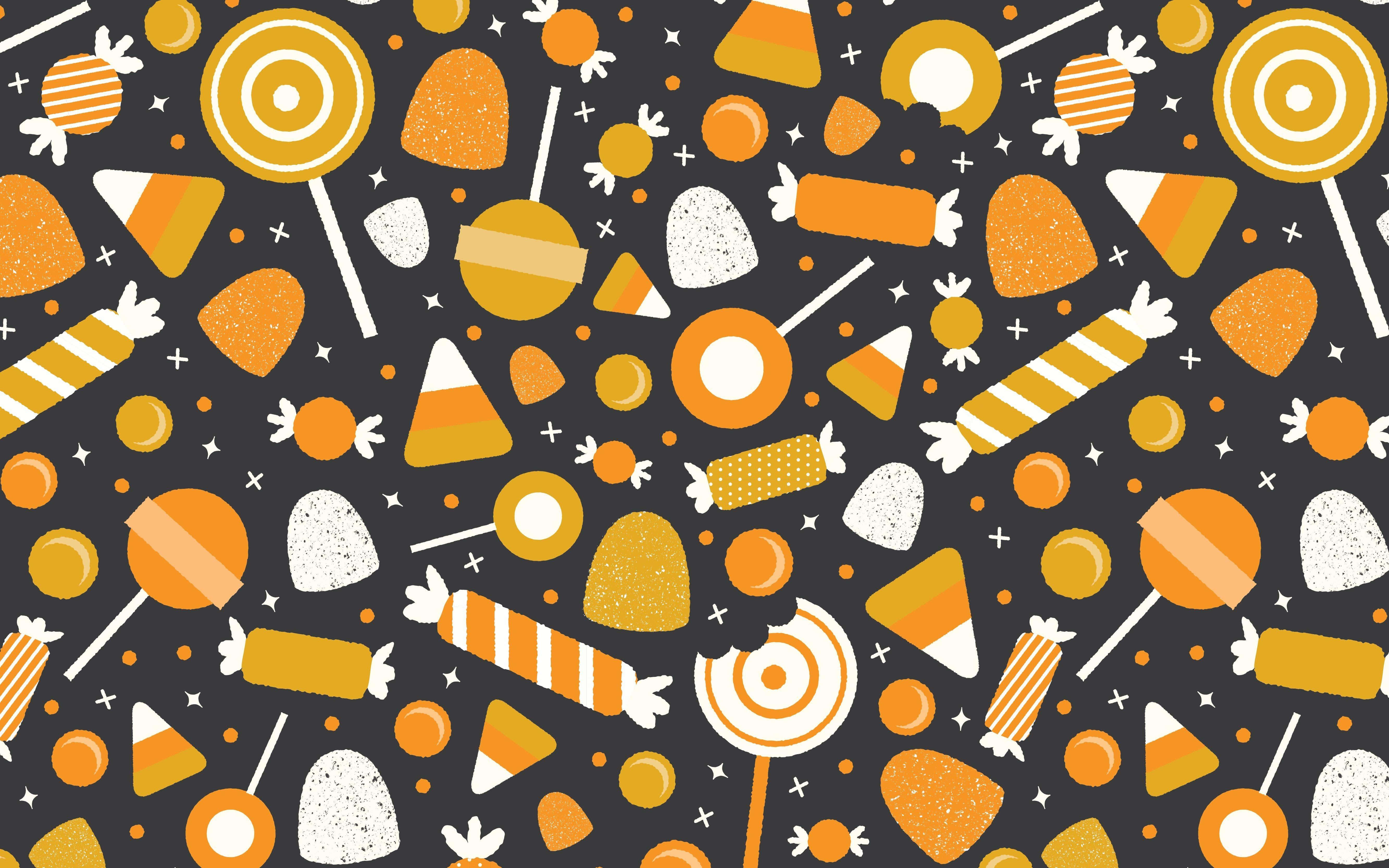 Halloween candy pattern, orange, white, 5K Desktop Wallpaper