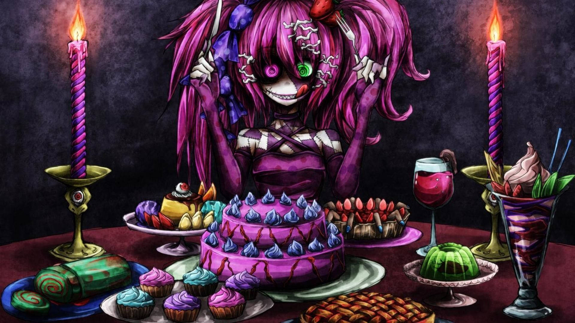 purple hair, stitched face, anime girl, Full HD Desktop Wallpaper