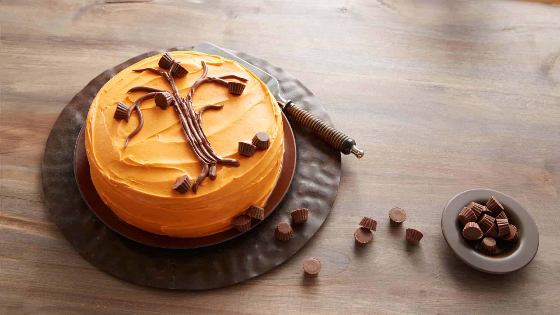Halloween Cake, orange-frosted cake, chocolate tree branches, Full HD Desktop Wallpaper
