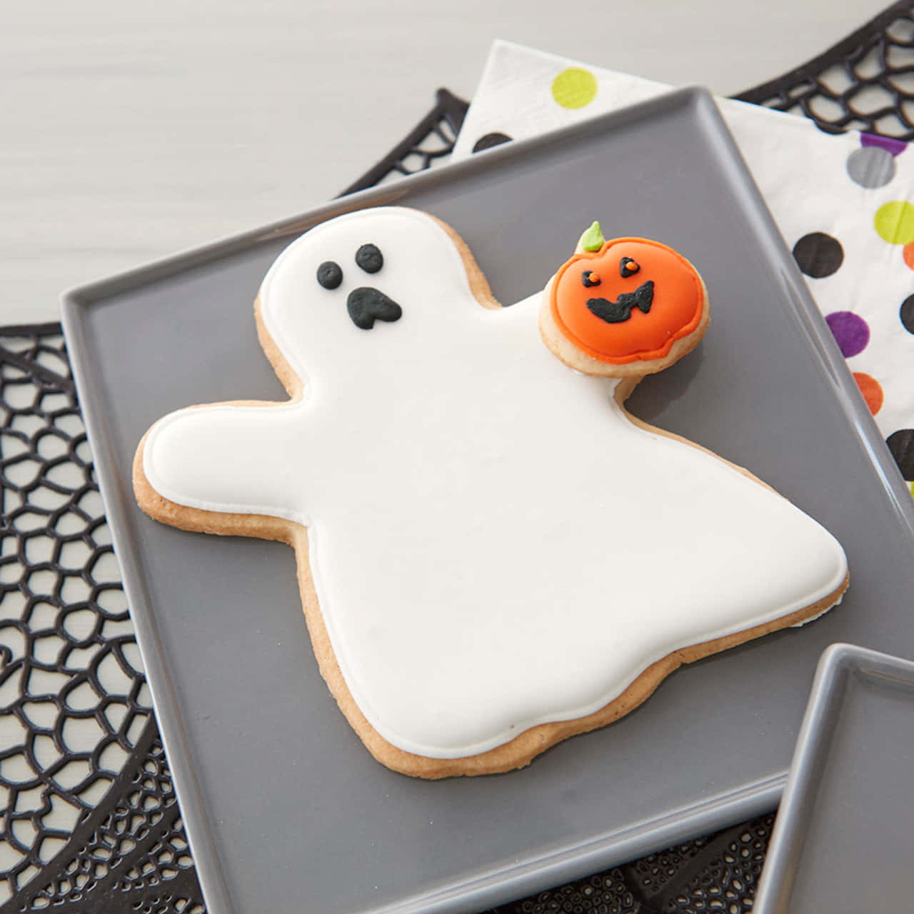 white ghost-shaped cookie, black eyes and mouth, orange pumpkin cookie, HD Desktop Wallpaper