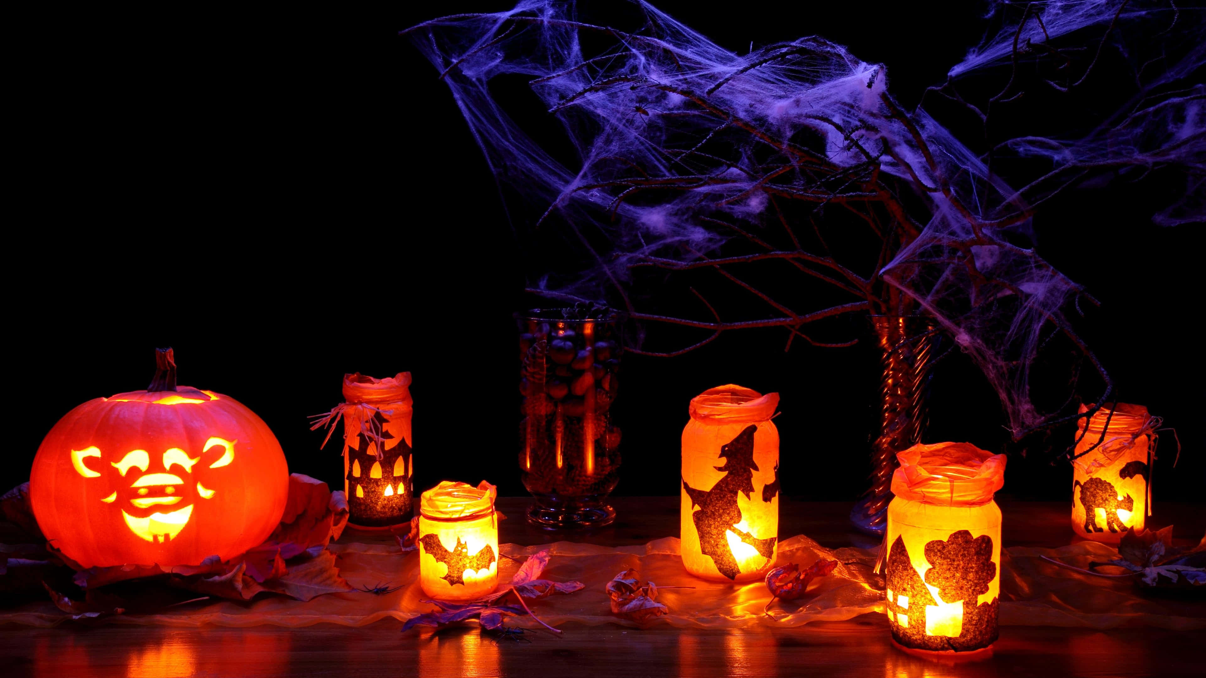 Halloween Candles, jack-o'-lantern, witch-themed jar lanterns, 4K Desktop Wallpaper