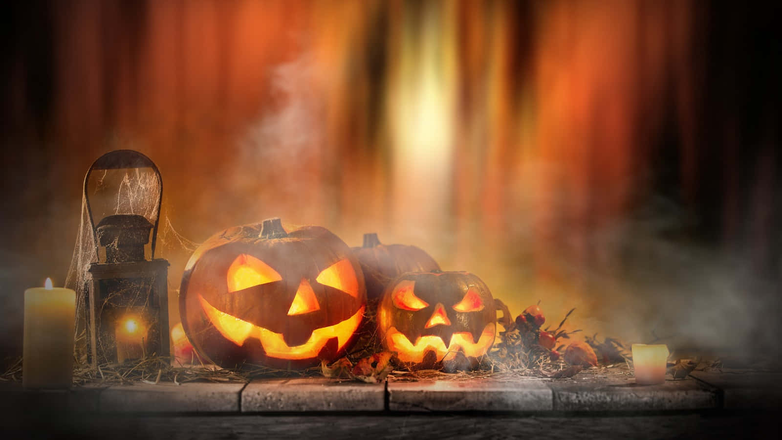 Halloween Candles, jack-o'-lanterns, stone slab, HD Desktop Wallpaper