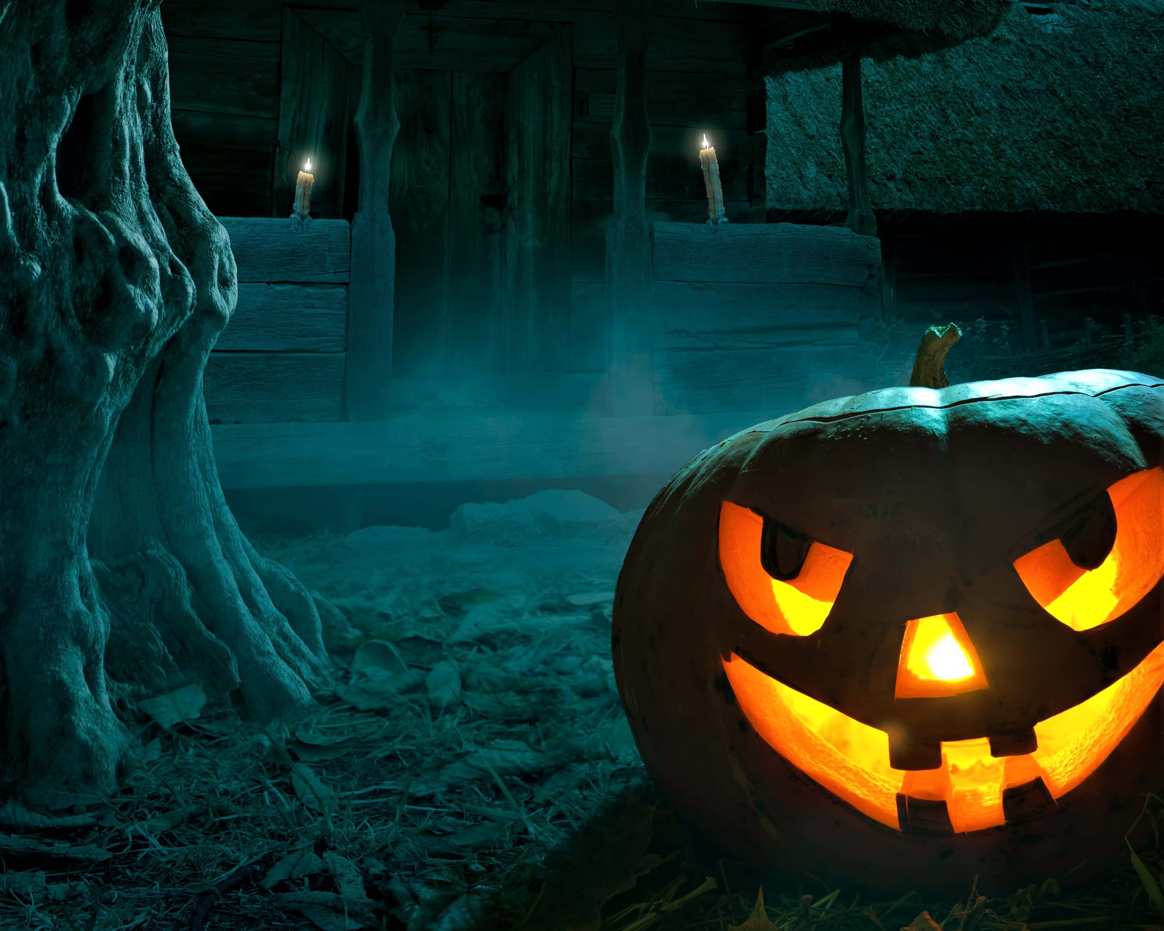 Halloween Candles, jack-o'-lantern, misty graveyard, 2K Desktop Wallpaper