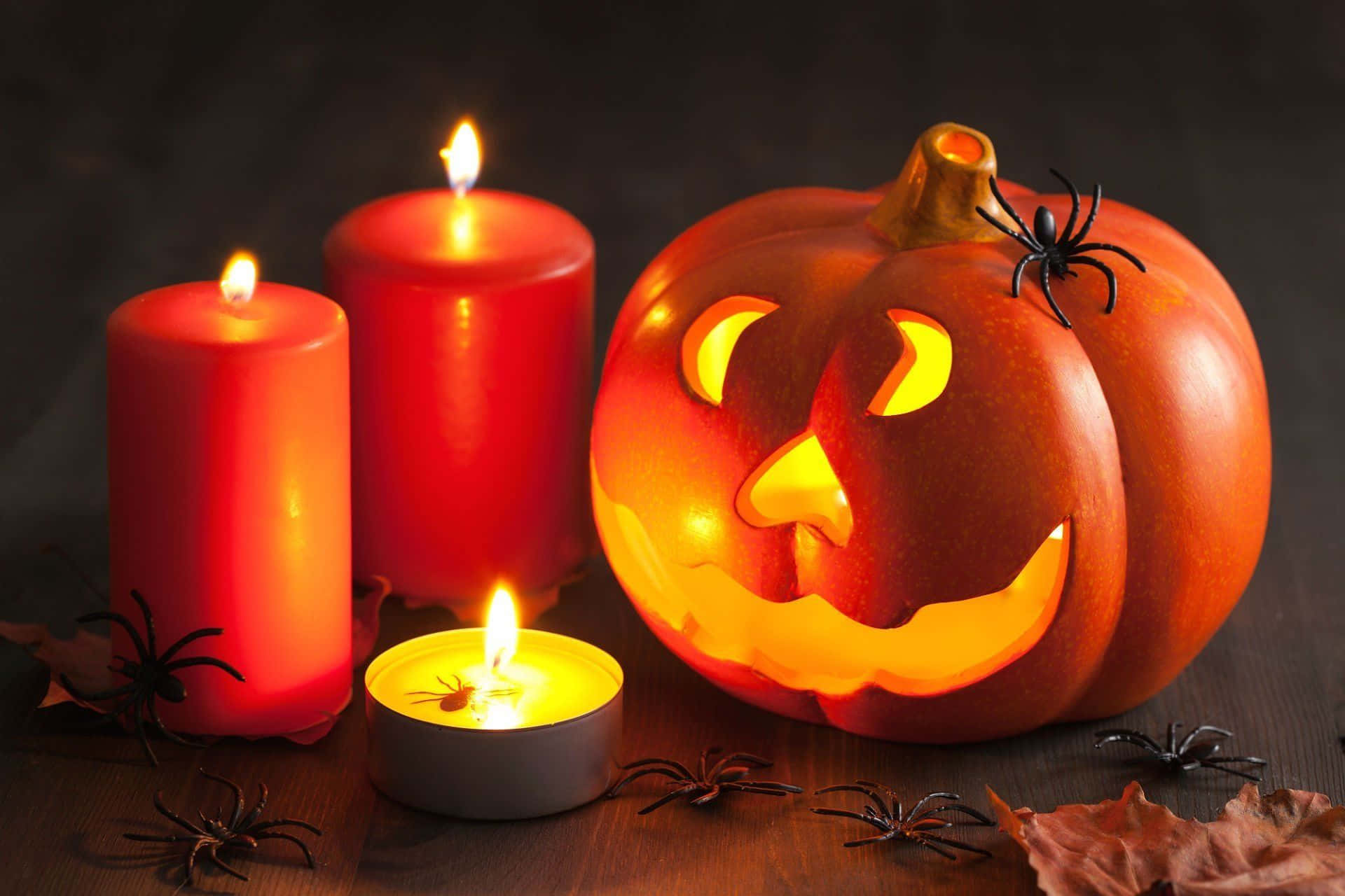 jack-o'-lantern, red candles, plastic spiders, Full HD Desktop Wallpaper