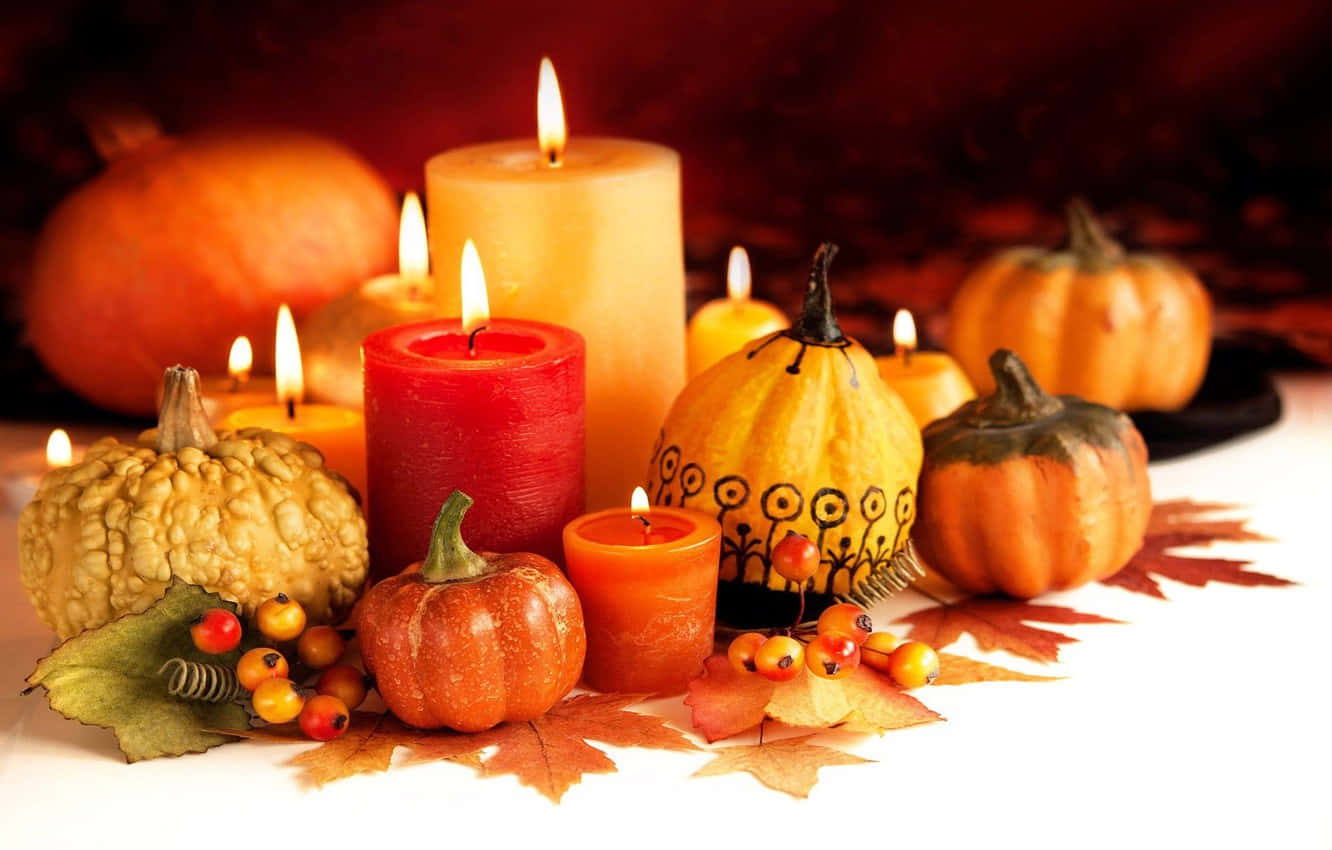 Halloween Candles, pumpkins, autumn leaves, HD Desktop Wallpaper