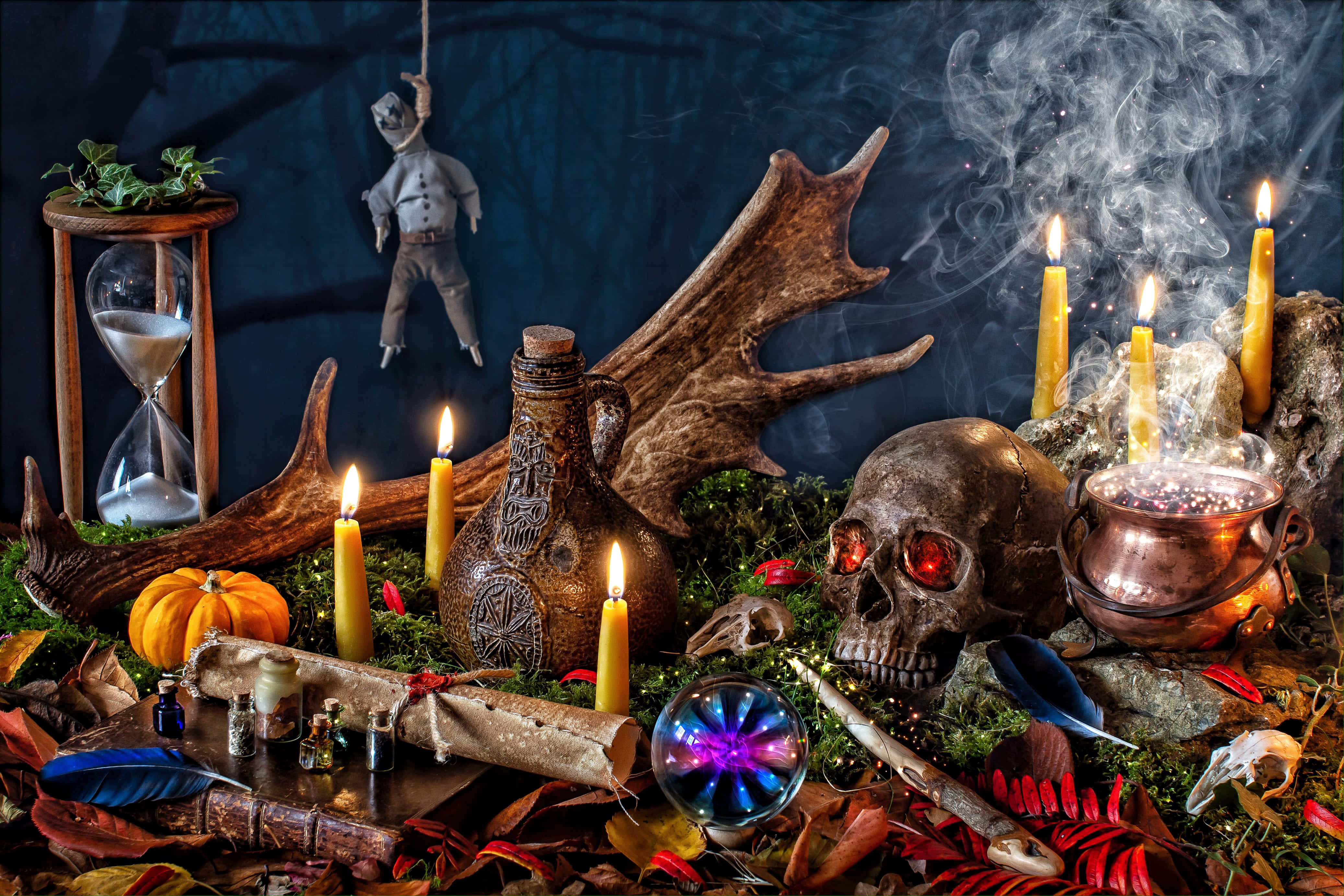 Halloween Candles, glowing candles, skulls, 4K Desktop Wallpaper