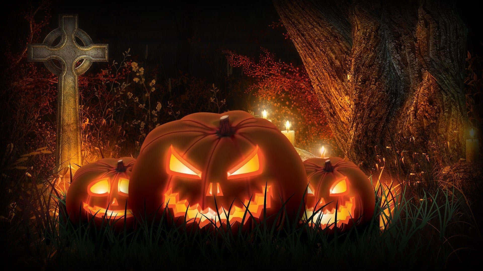 Halloween Candles, jack-o'-lanterns, Celtic cross, Full HD Desktop Wallpaper