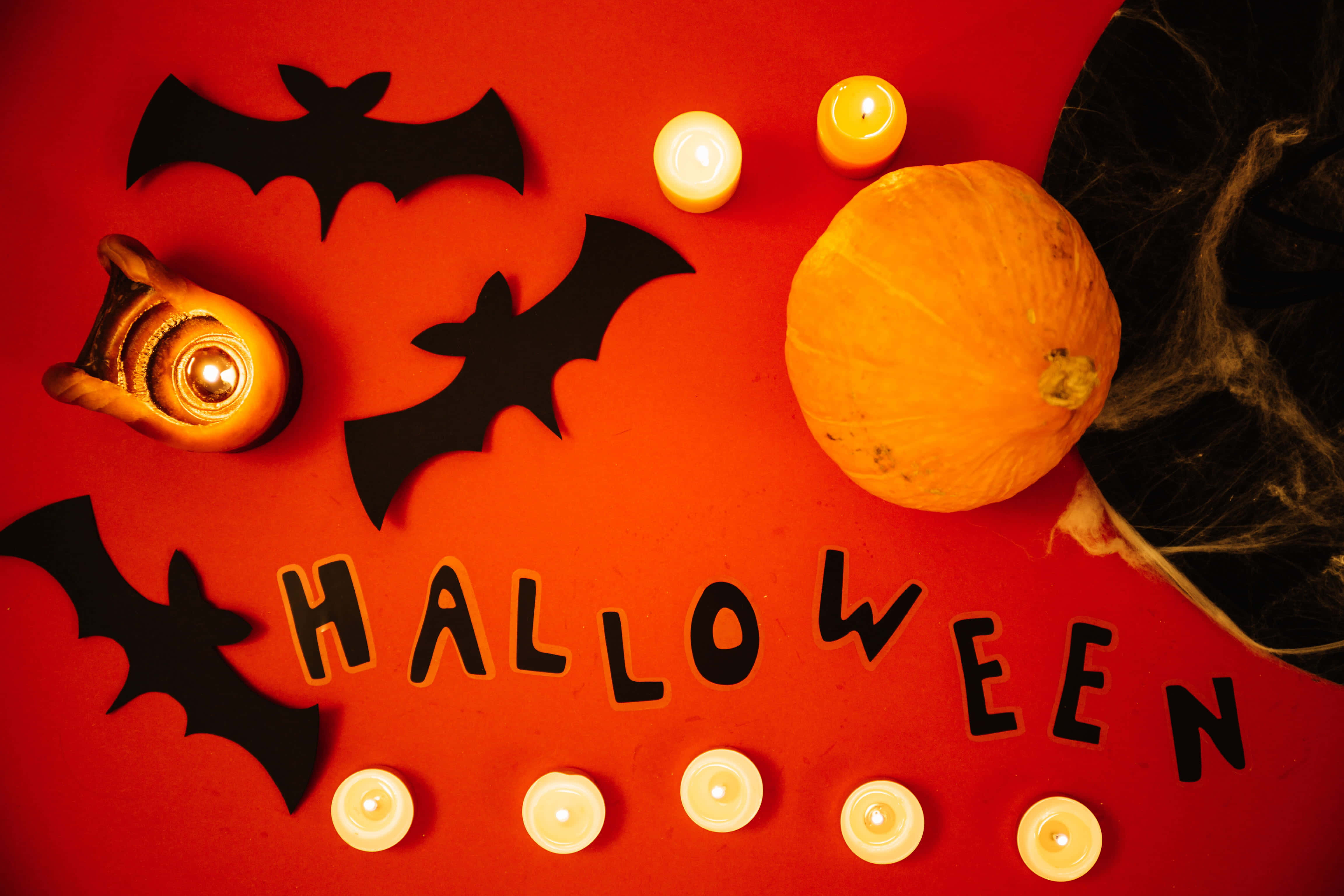 Halloween Candles, glowing candles, bats, 4K Desktop Wallpaper
