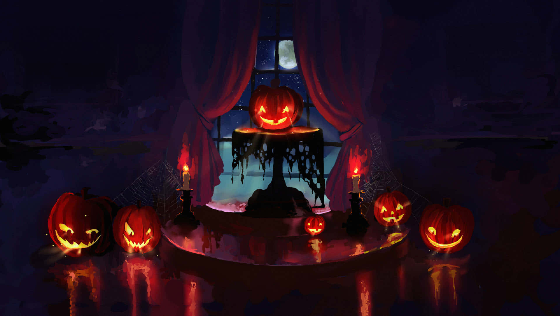 Halloween Candles, jack-o-lanterns, moonlit window, Full HD Desktop Wallpaper