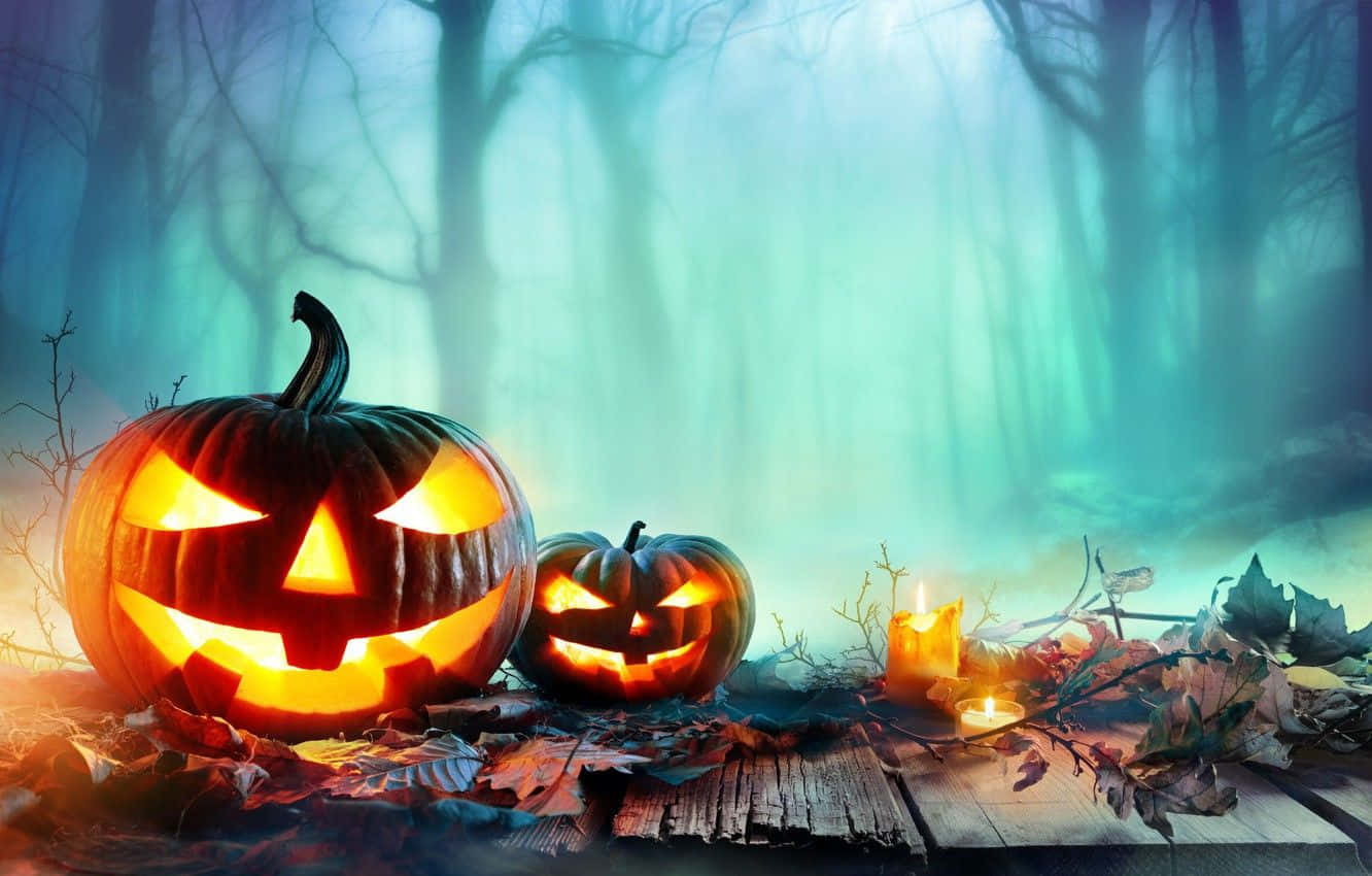 Halloween Candles, jack-o'-lanterns, mossy log, HD Desktop Wallpaper