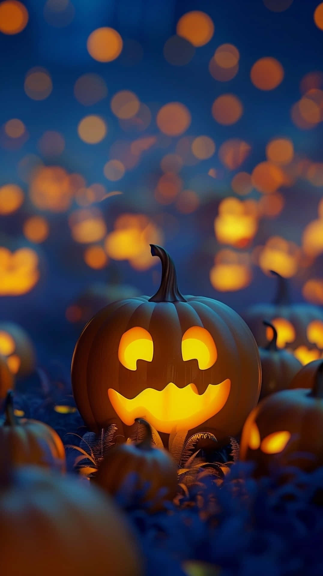 glowing jack-o'-lantern, cheerful face, dark blue sky, Full HD Phone Wallpaper