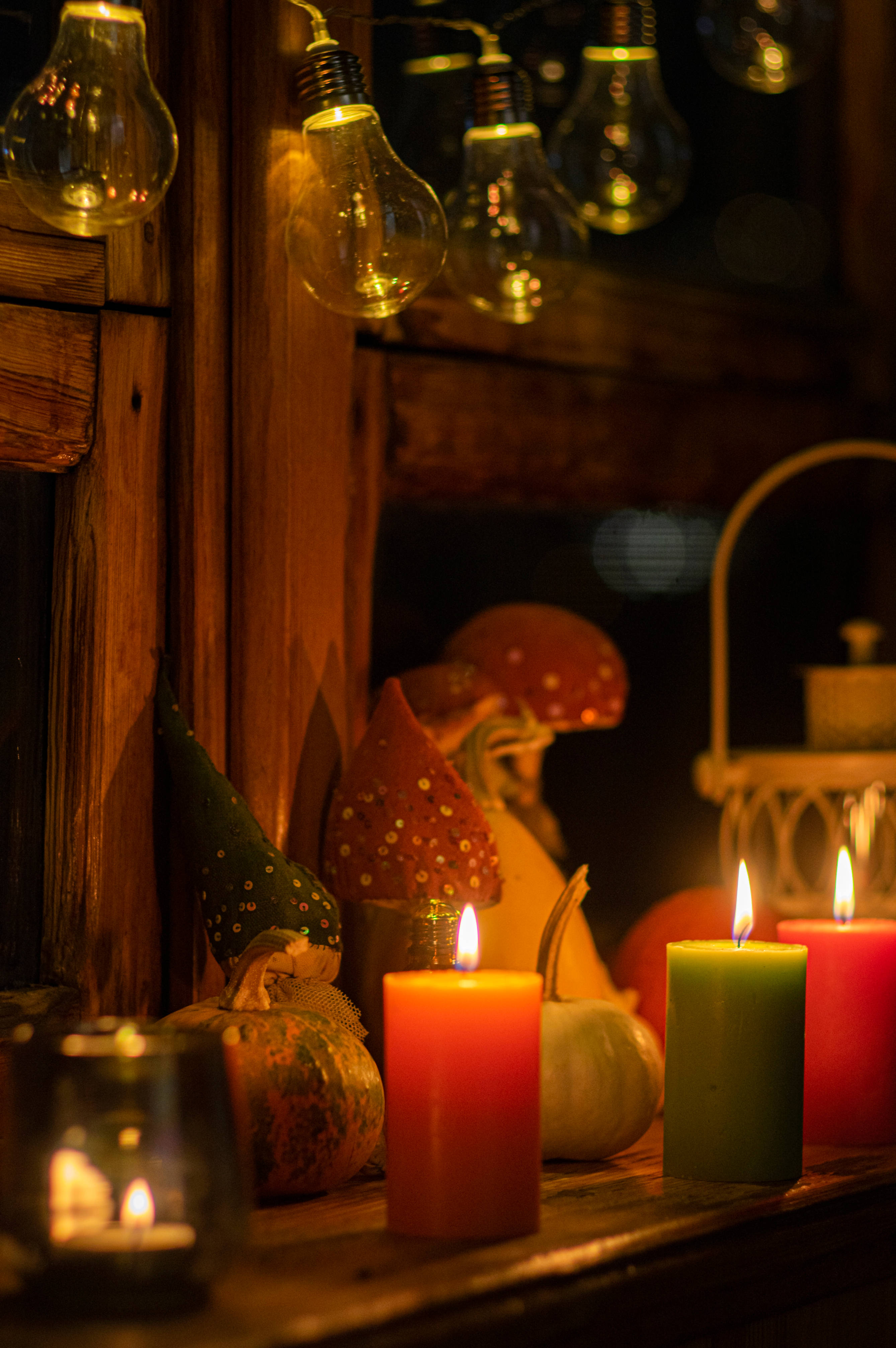 vintage halloween candles, rustic wooden shelf, autumn gourds, 4K Phone Wallpaper