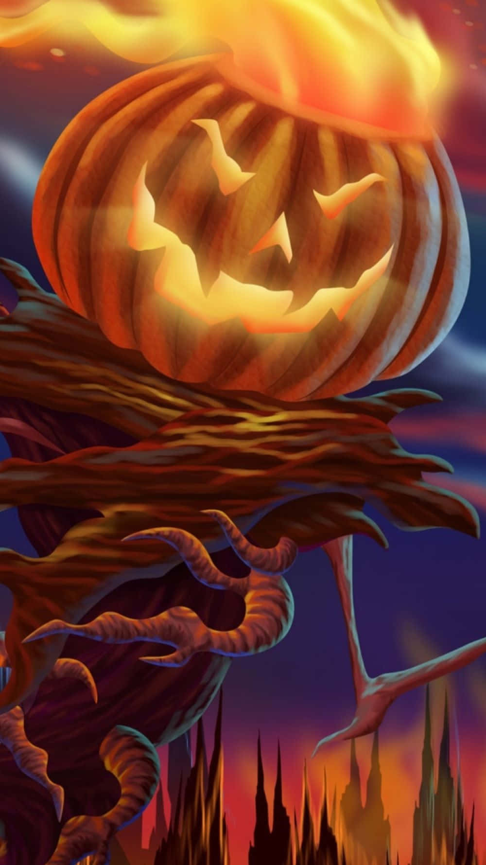 Halloween Pumpkin Flame Illustration, giant glowing jack-o-lantern, fiery top, HD Phone Wallpaper