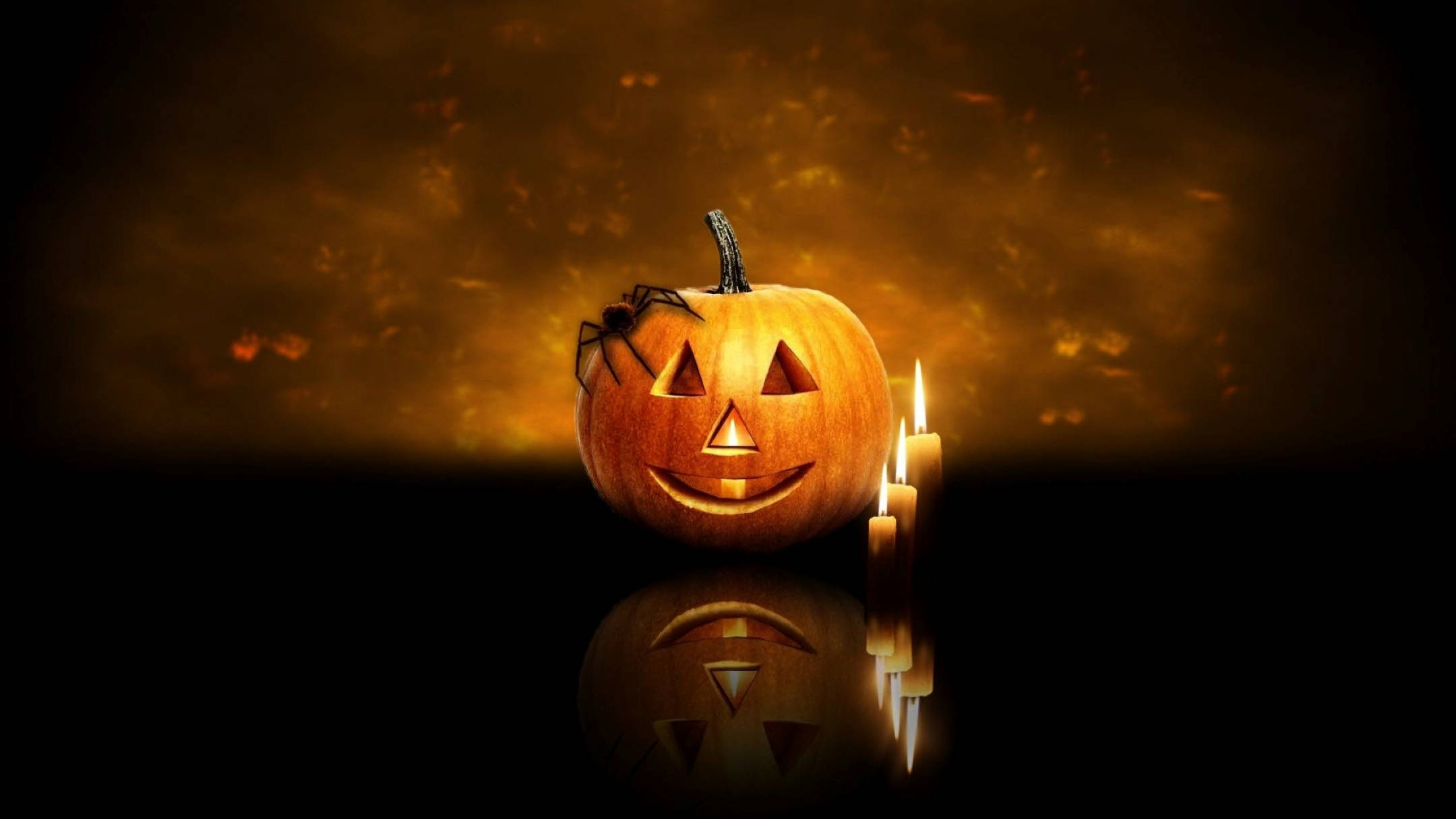 jack-o'-lantern, spider, flickering candles, Full HD Desktop Wallpaper