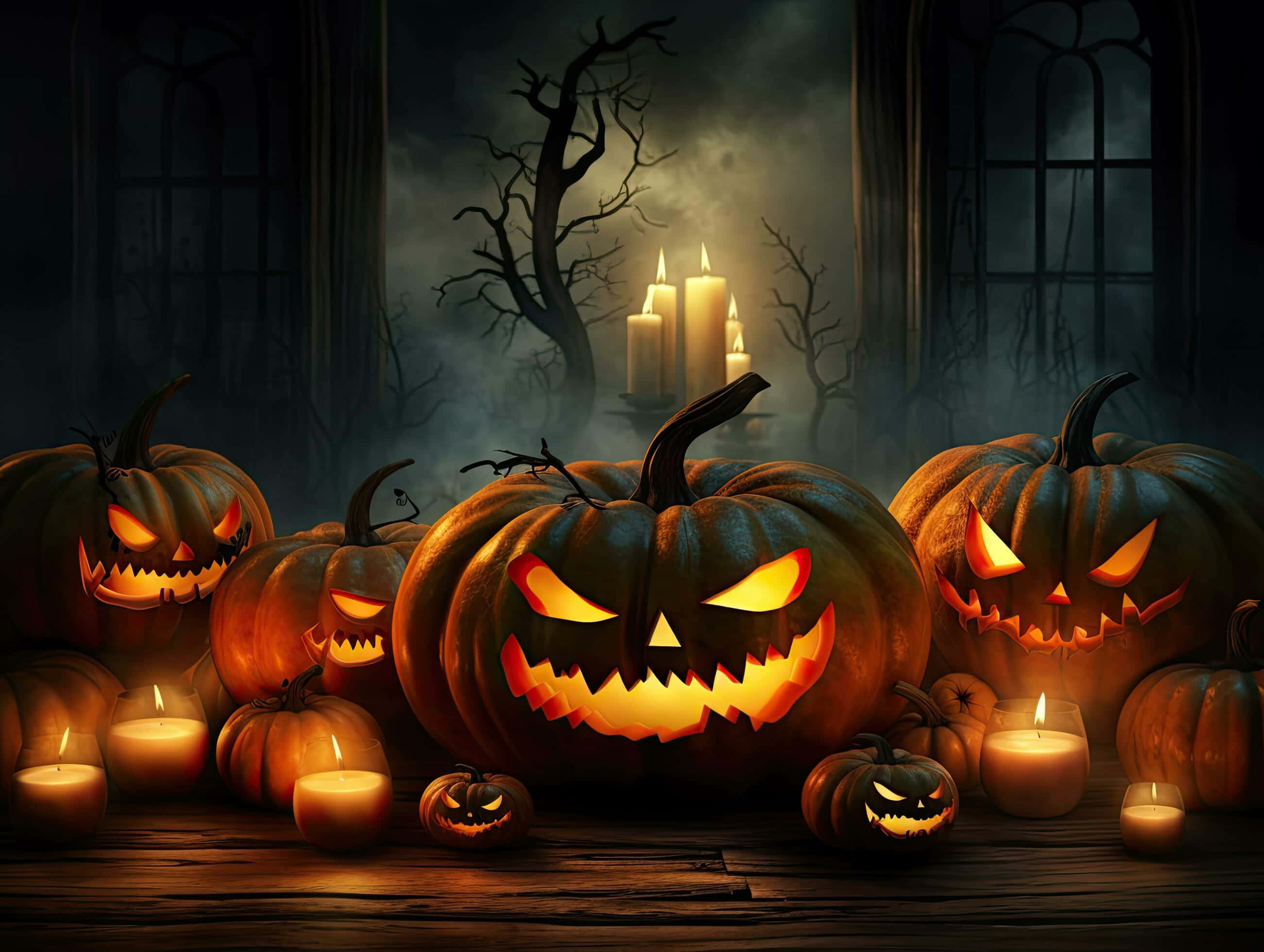 jack-o'-lanterns, flickering candles, wooden table, 2K Desktop Wallpaper