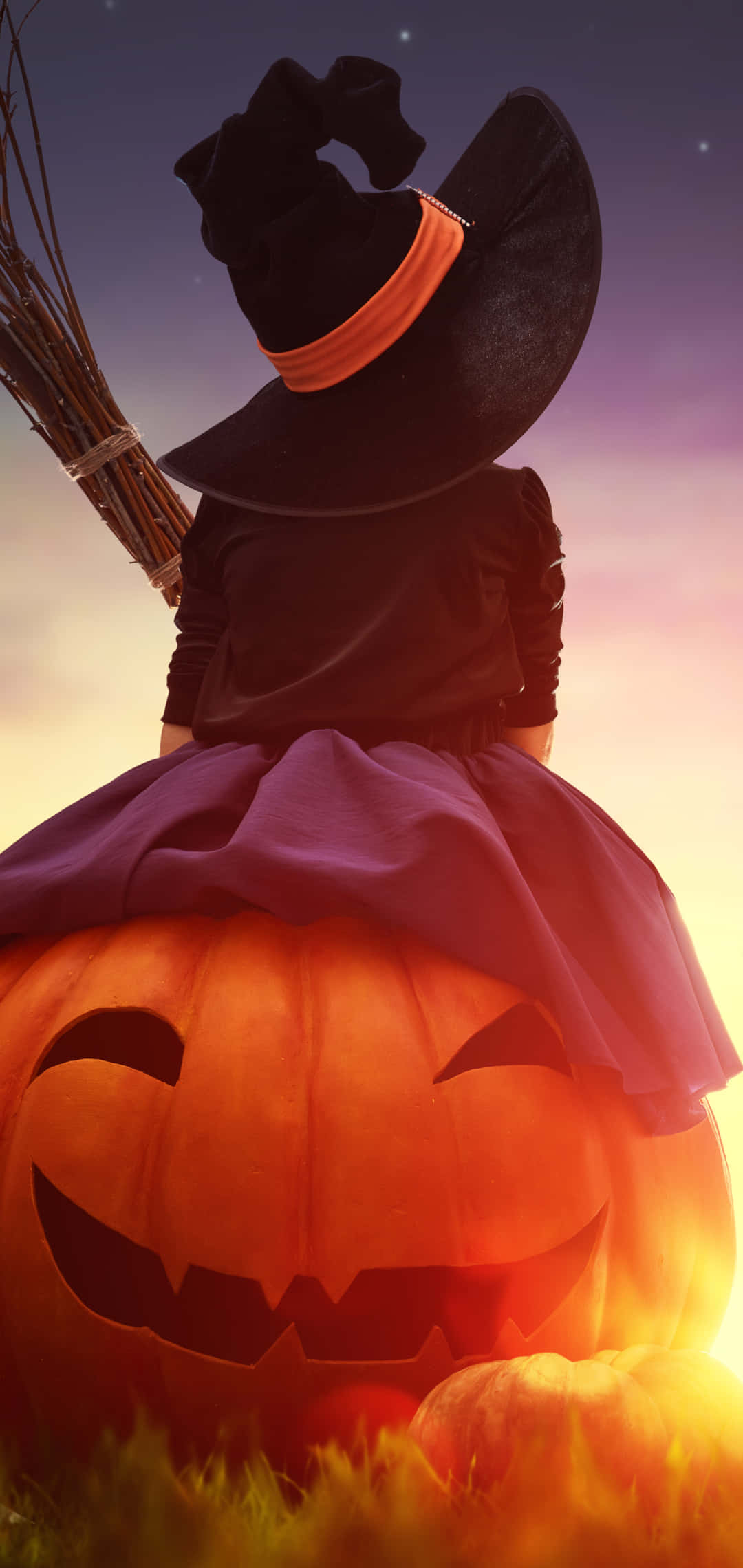 Halloween Witch Pumpkin Sunset, witch costume, glowing jack-o'-lantern, Full HD Phone Wallpaper