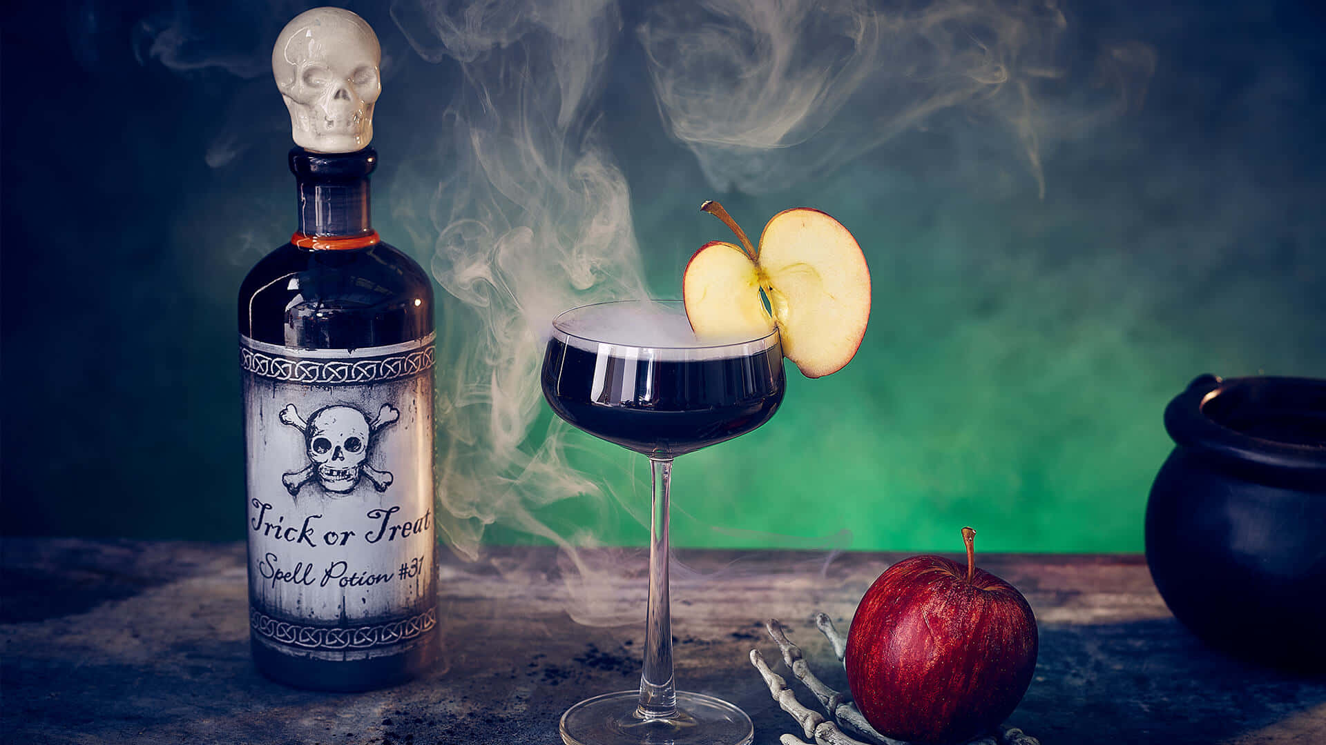 Halloween Cocktails, skull-topped bottle, smoky apple garnish, Full HD Desktop Wallpaper