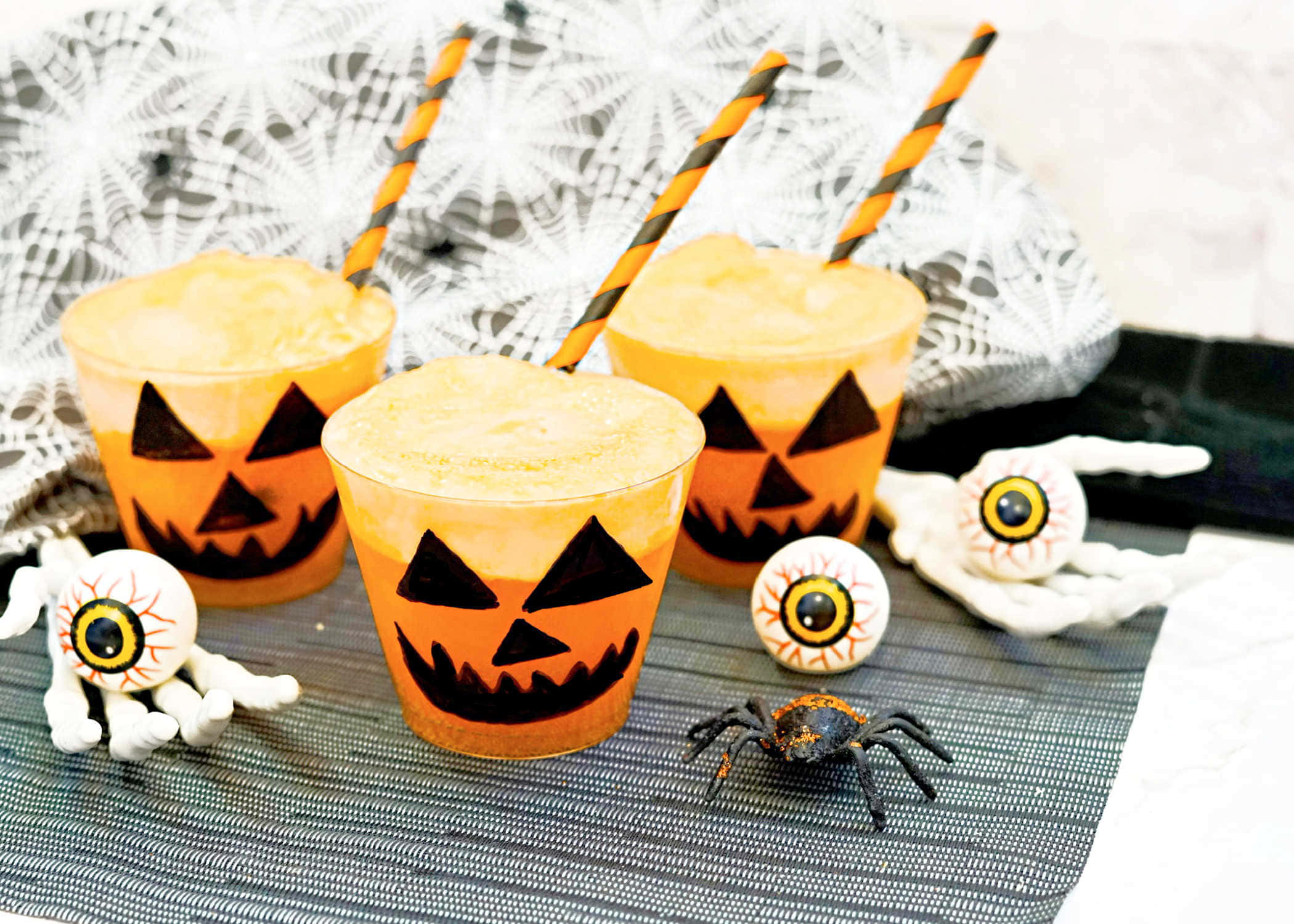 Halloween Drinks, orange pumpkin-faced drinks, striped straws, Full HD Desktop Wallpaper