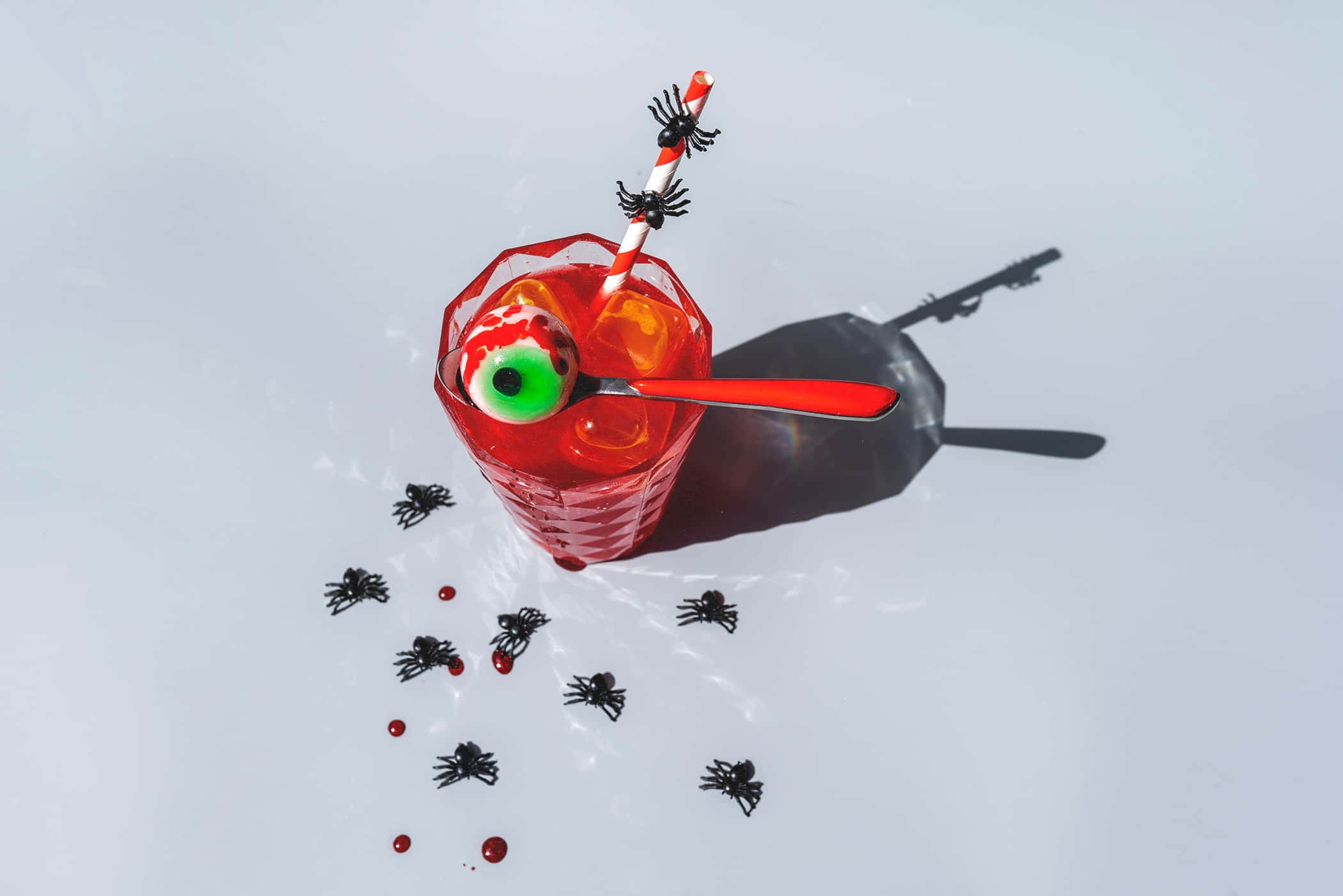 Halloween cocktail, candy eyeball, spider-decorated straw, Full HD Desktop Wallpaper