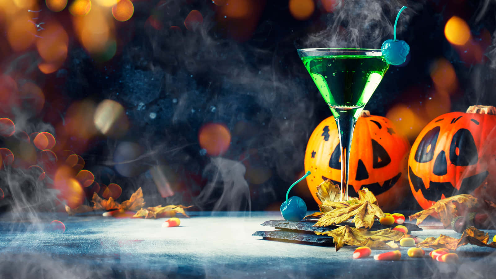 Halloween Cocktails, glowing green Halloween cocktail, blue cherry, HD Desktop Wallpaper