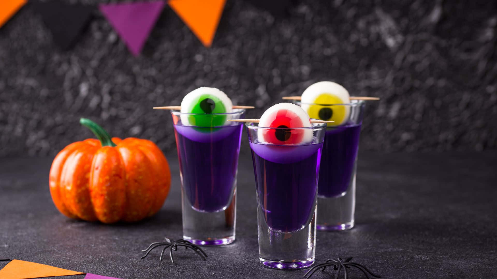 Spooky Cocktail, purple Halloween shot glasses, candy eyeballs, Full HD Desktop Wallpaper