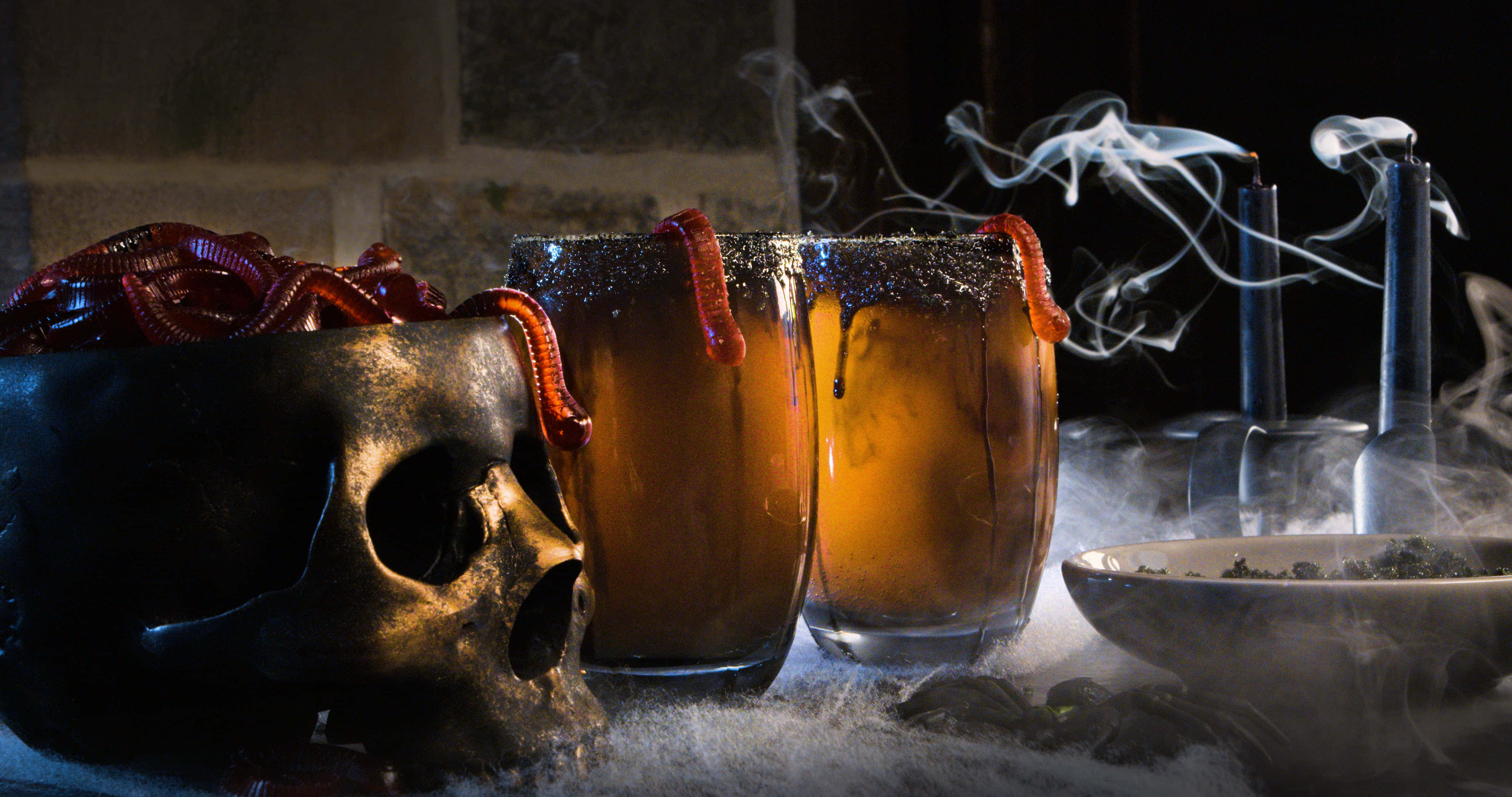 spooky cocktails, smoky amber drinks, writhing red worms, 4K Desktop Wallpaper